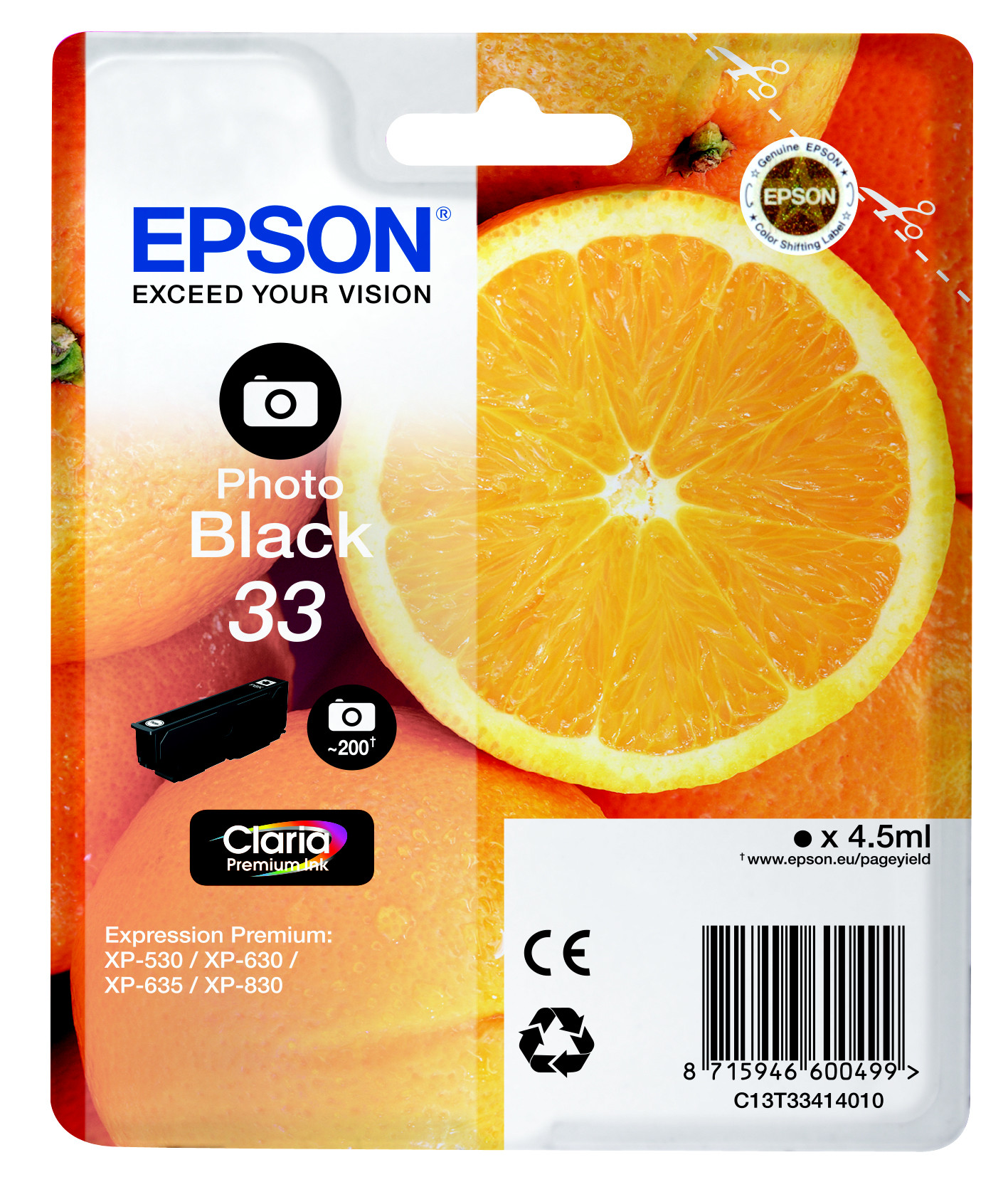 Epson 33 ''Oranges'' Cartouche d'encre originale Claria Premium C13T33414012 - Noir Photo