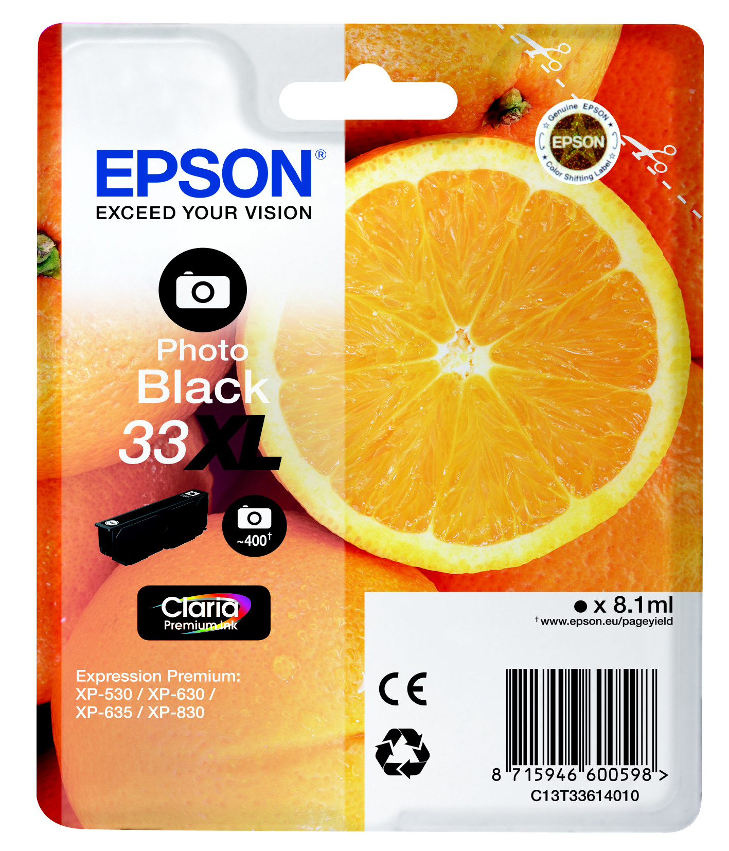 Epson 33 XL ''Oranges'' Cartouche d'encre originale grande capacité Claria Premium C13T33614012 - Noir Photo