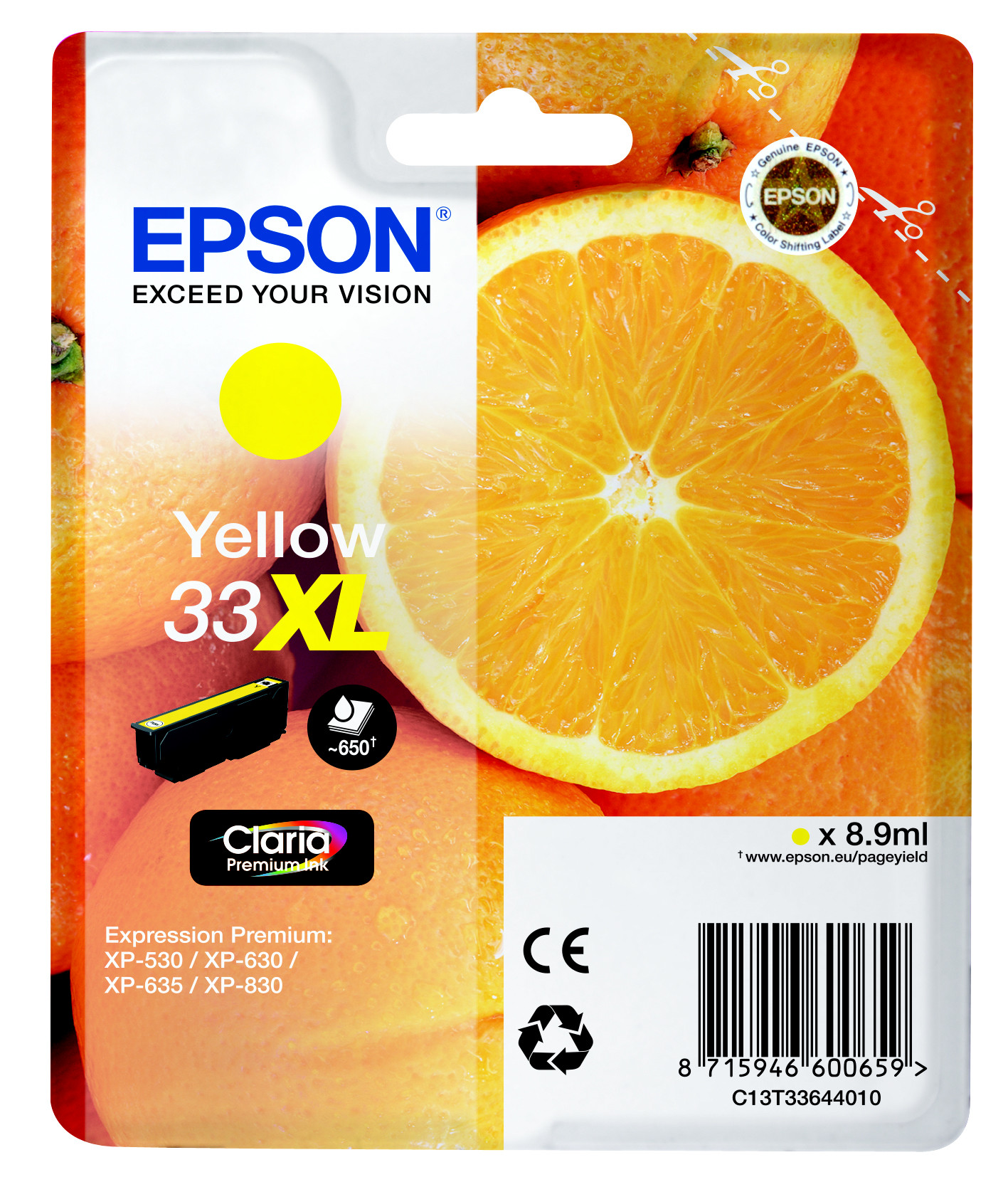 Epson 33 XL ''Oranges'' Cartouche d'encre originale grande capacité Claria Premium C13T33644012 - Jaune