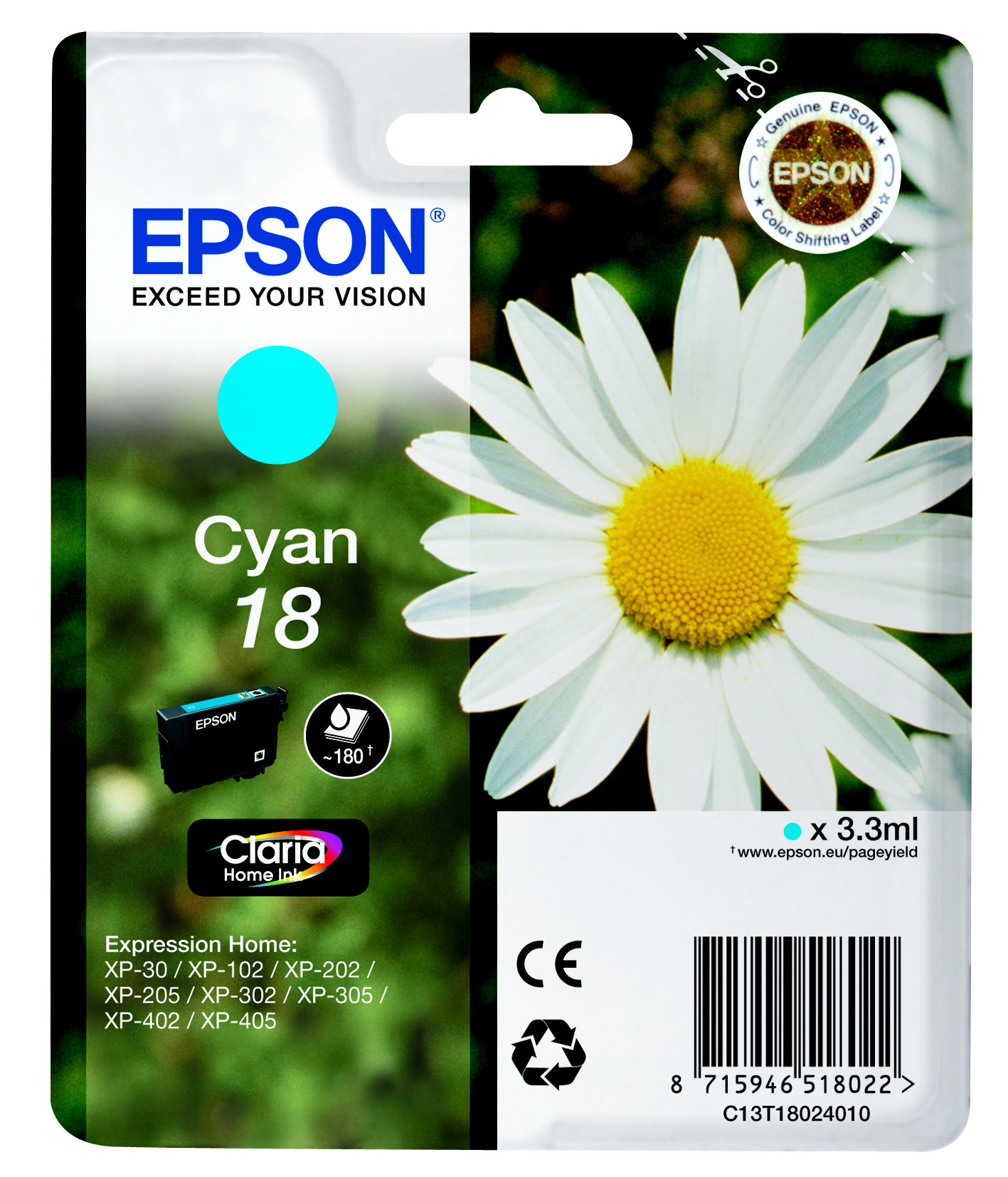 Epson 18 ''Pâquerette'' Cartouche d'encre originale Claria Home C13T18024012 - Cyan