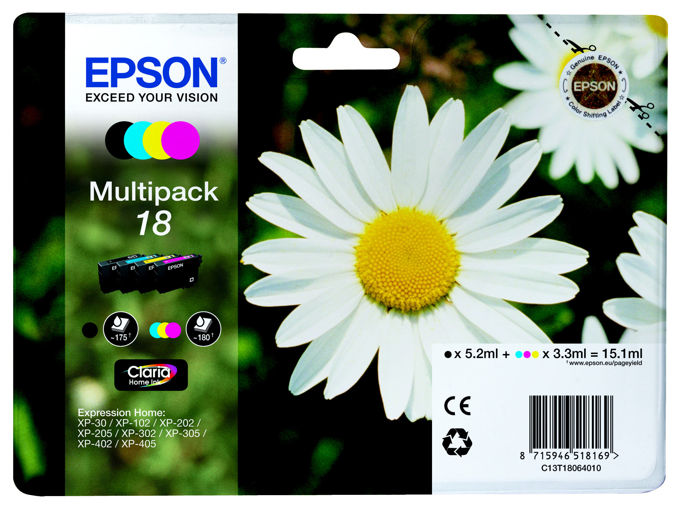 Epson 18 ''Pâquerette'' Cartouche d'encre originale Claria Home C13T18064012 - Pack de 4 (Noir, Cyan, Magenta, Jaune)