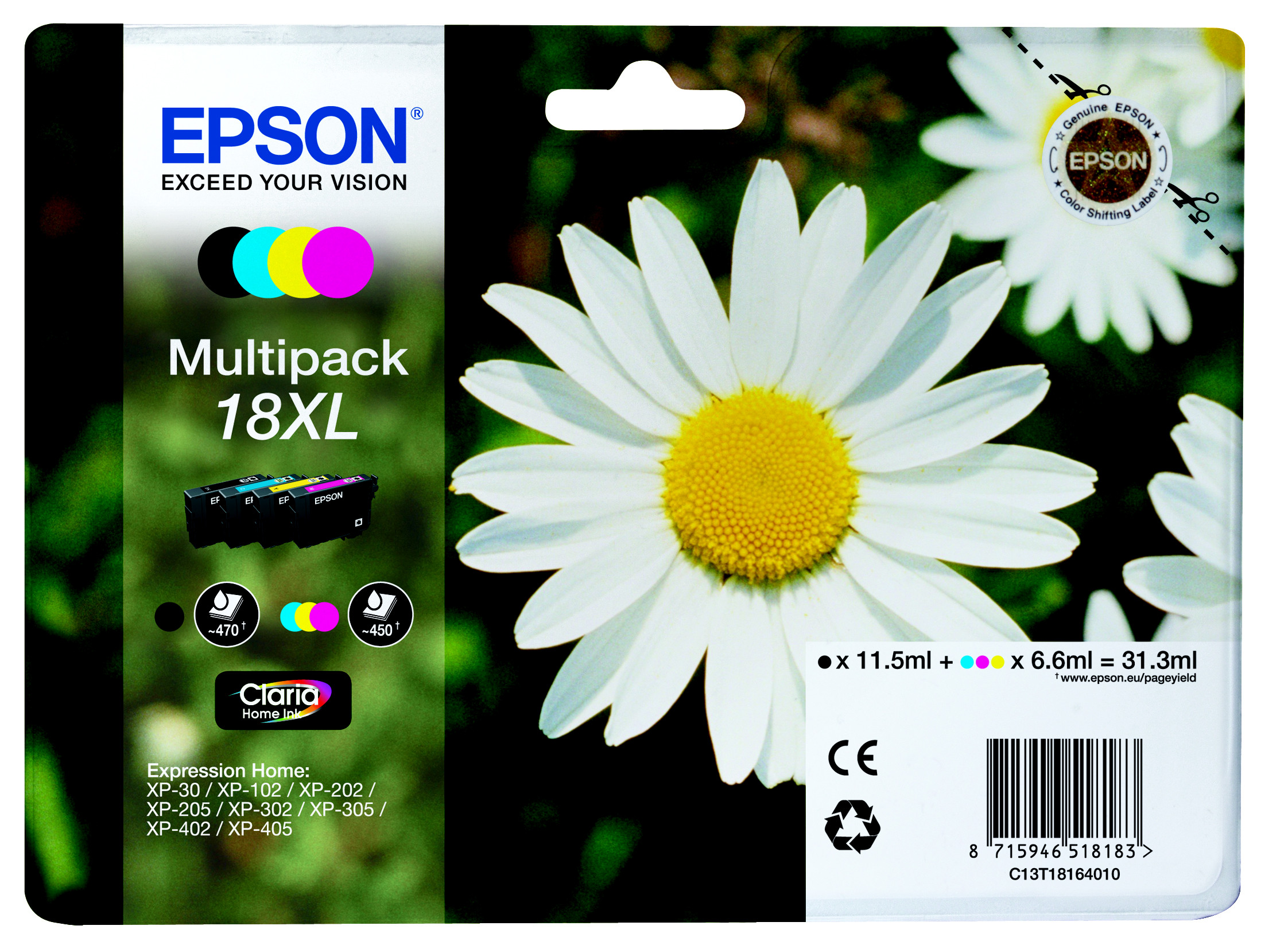 Epson 18 XL ''Pâquerette'' Cartouche d'encre originale grande capacité Claria Home C13T18164012 - Pack de 4 (Noir, Cyan, Magenta, Jaune)