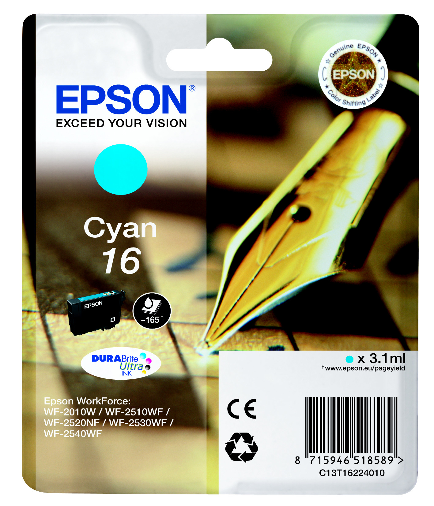 Epson 16 ''Stylo à plume'' Cartouche d'encre originale DURABrite Ultra C13T16224012 - Cyan