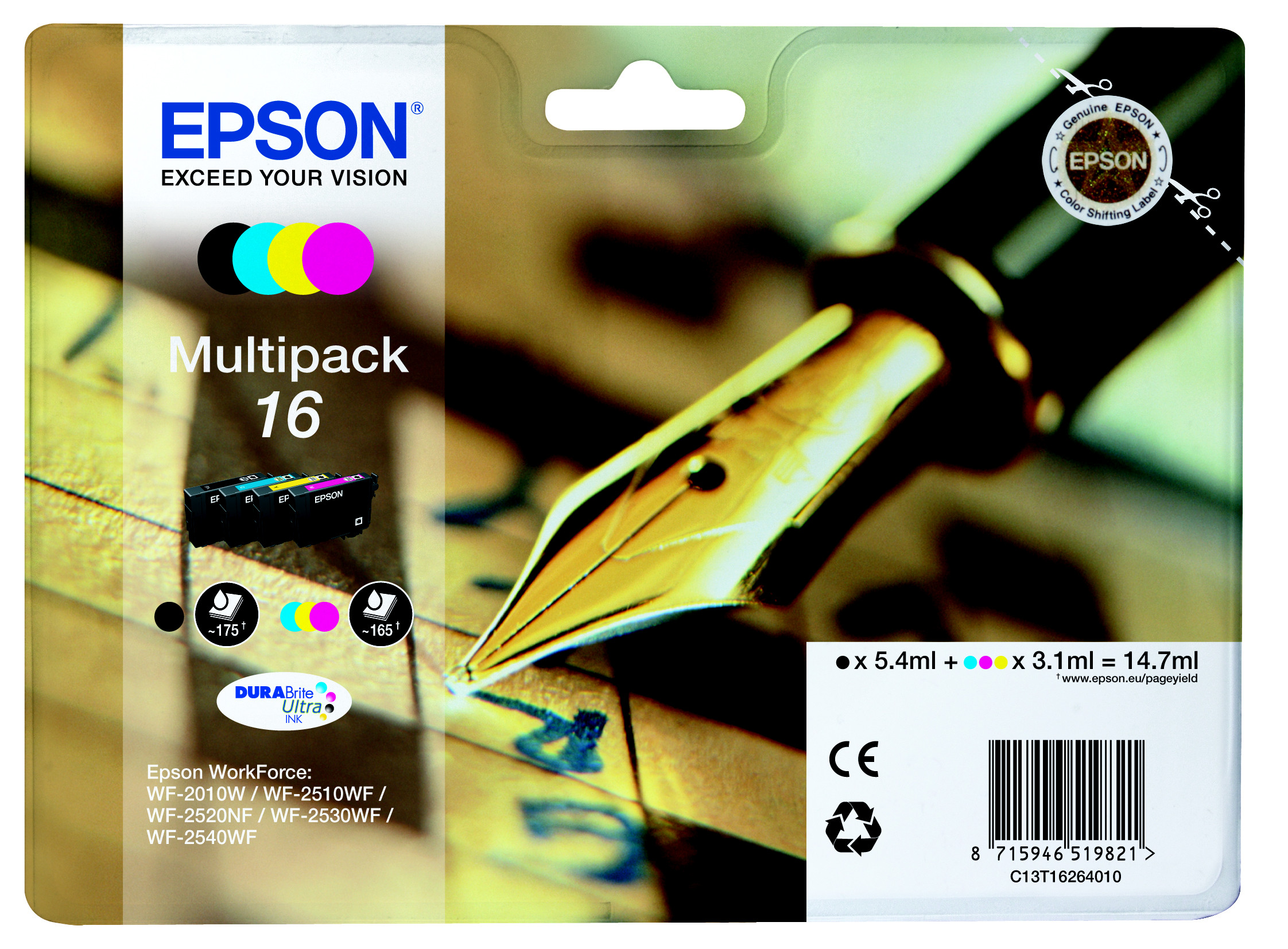 Epson 16 ''Stylo à plume'' Cartouche d'encre originale DURABrite Ultra C13T16264012 - Pack de 4 (Noir, Cyan, Magenta, Jaune)