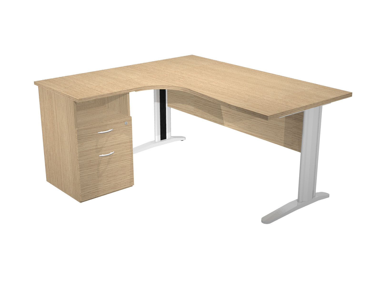 Pack Bureau d'angle compact retour à gauche Pronto Métal - L.160 x P.100 cm - Plateau Chêne - Pieds L Aluminium + Caisson hauteur bureau