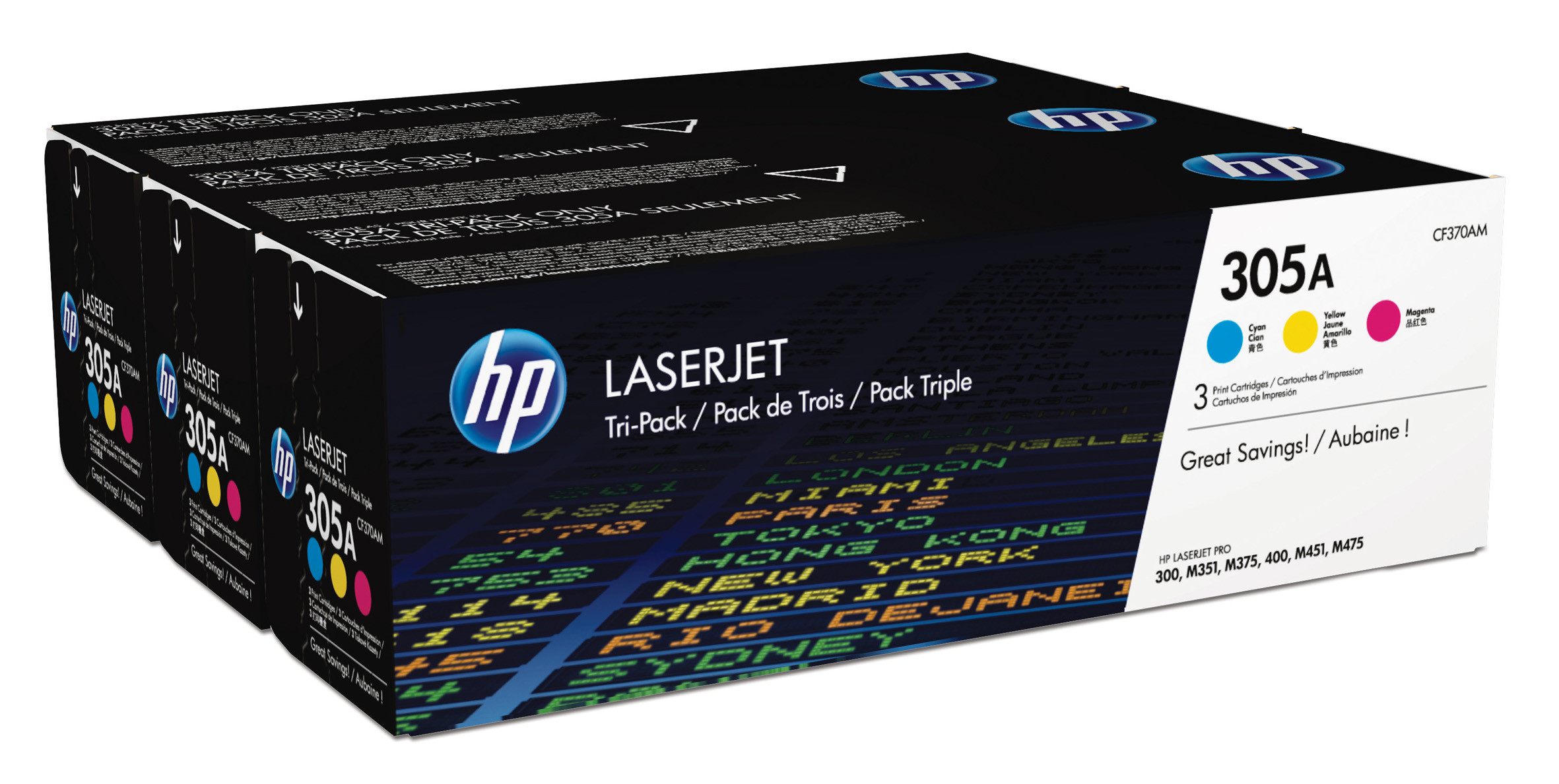 HP 305A Toner authentique CF370AM - Pack de 3 (Cyan, Magenta, Jaune)