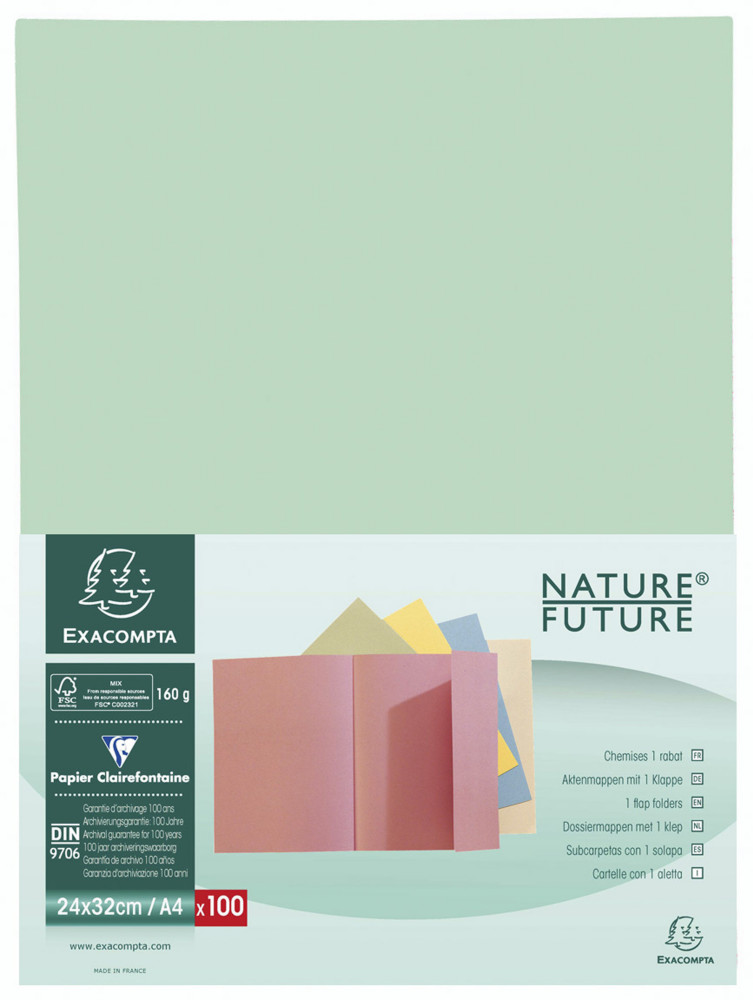 Exacompta Chemise  rabat NatureFutureJura160A4, 200feuilles, 240x320mm en carte  vert clair - lot de100