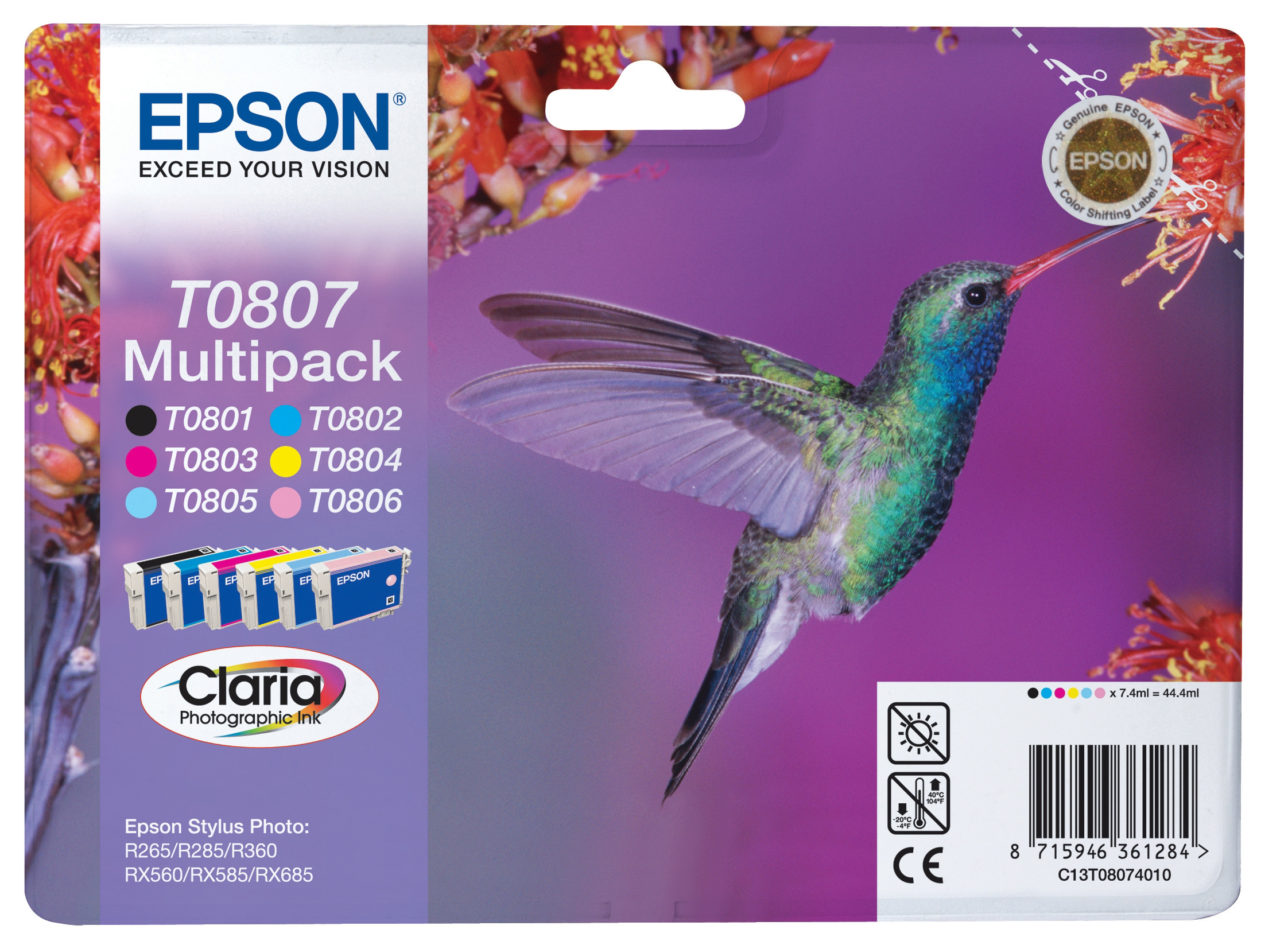 Epson T0807 ''Colibri'' Cartouche d'encre originale Claria C13T08074011 - Pack de 6 (Noir, Cyan, Magenta, Jaune, Cyan clair, Magenta clair)