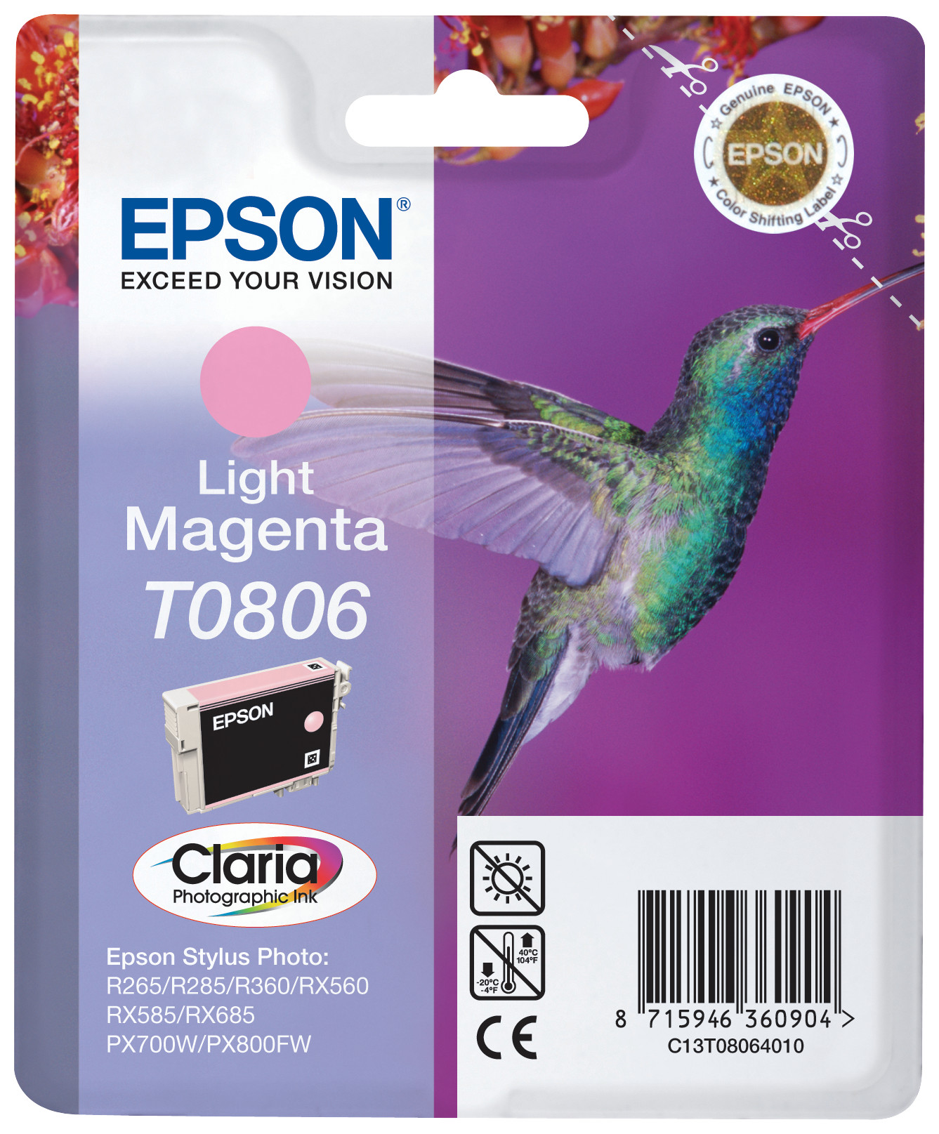 Epson T0806 ''Colibri'' Cartouche d'encre originale Claria C13T08064011 - Magenta clair