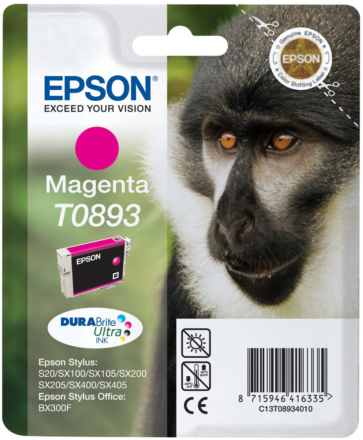Epson T0893 ''Singe'' Cartouche d'encre originale DURABrite Ultra C13T08934011 - Magenta