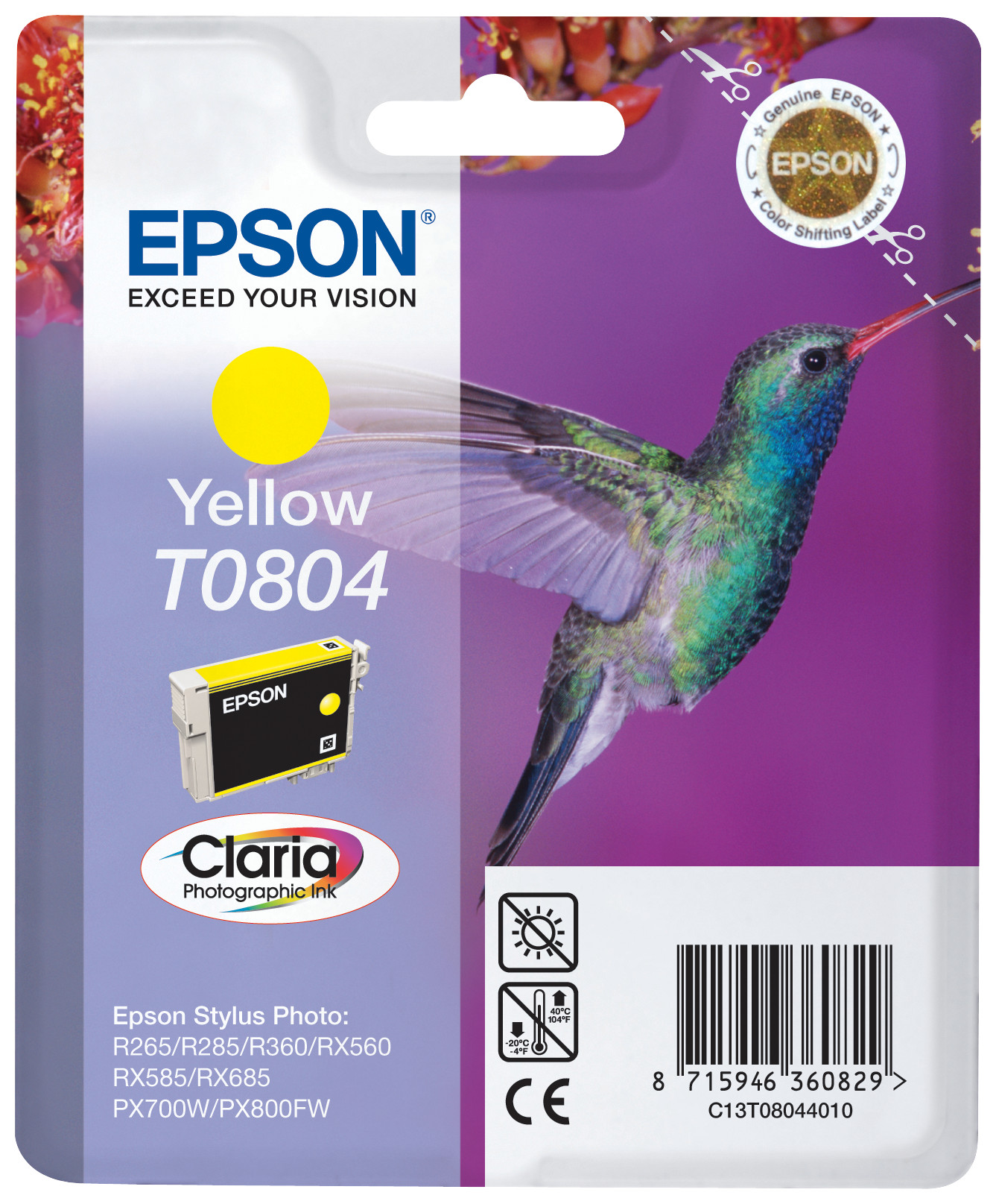 Epson T0804 ''Colibri'' Cartouche d'encre originale Claria C13T08044011 - Jaune
