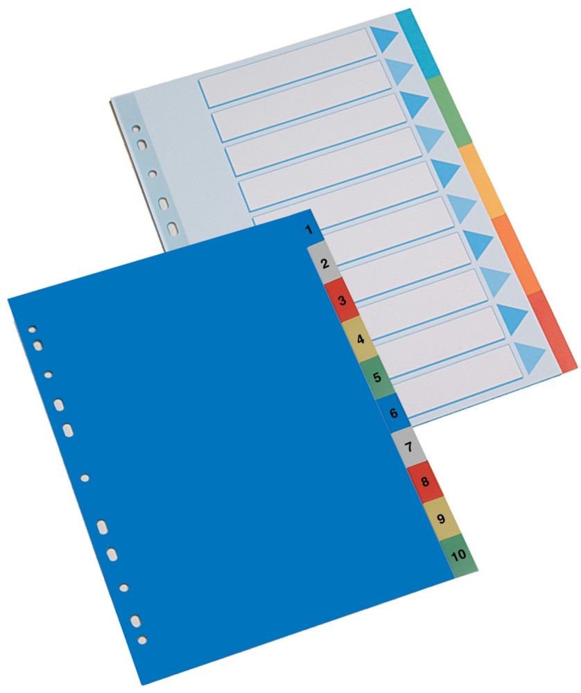 Intercalaires numriques A4 en polypropylne 10 divisions - Assortis