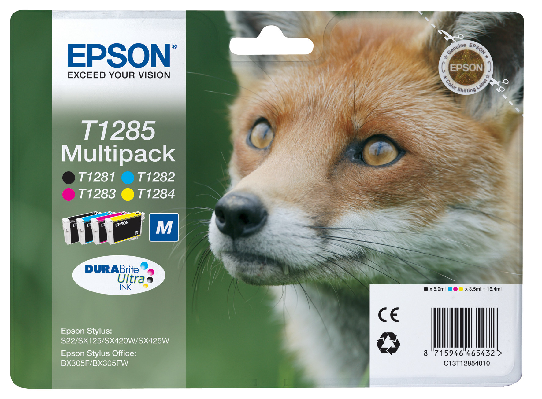 Epson T1285 ''Renard'' Cartouche d'encre originale DURABrite Ultra C13T12854012 - Pack de 4 (Noir, Cyan, Magenta, Jaune)