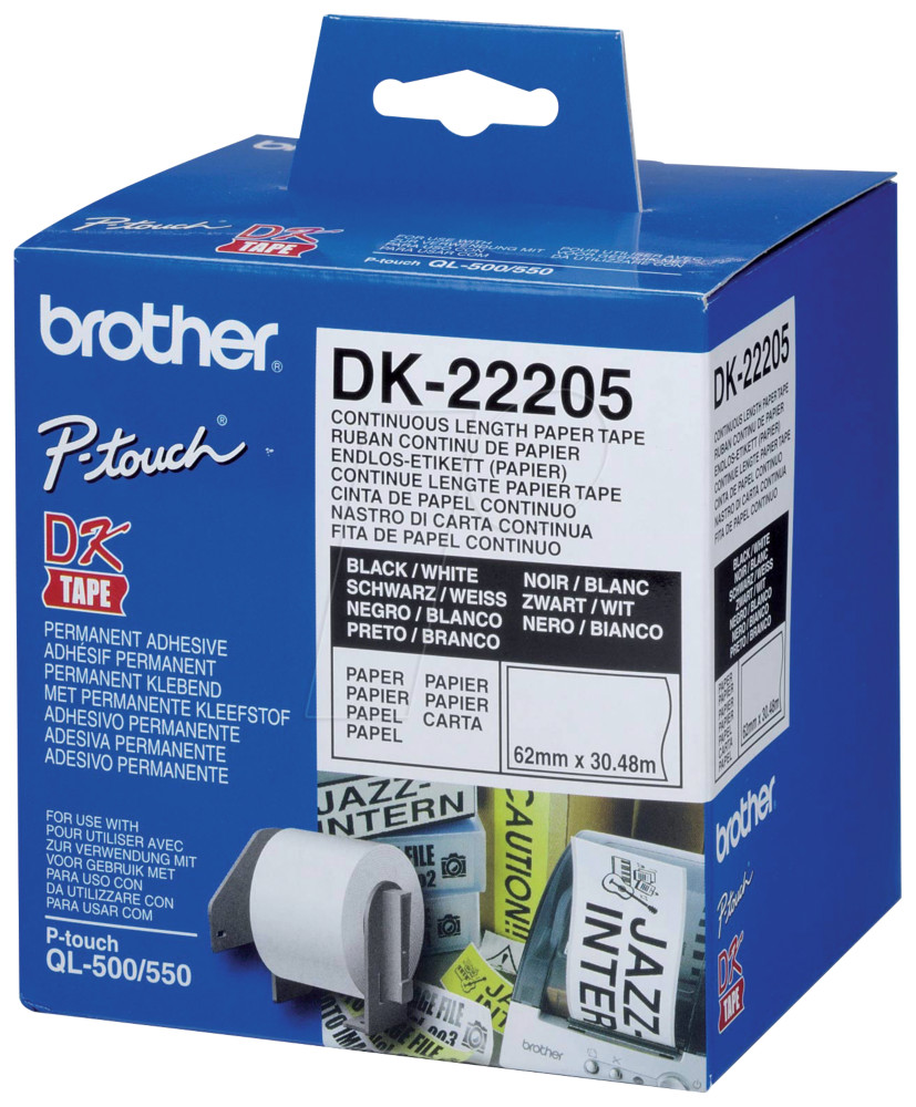 Brother Ruban continu  DK22205 pour imprimante QL - support papier adhsif 62mmx30m - Noir sur blanc