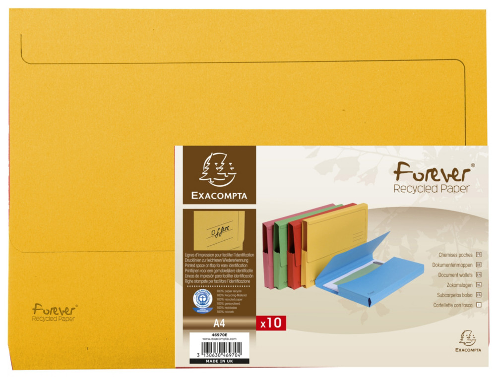 Exacompta Porte-documentsForeverA4, 200feuilles 245x325mm,  carte recycle jaune - Lot de 10