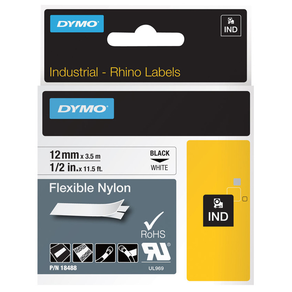 Dymo Ruban nylon 18488 Rhino  - 12 mm x  3,5 m - Noir sur Blanc
