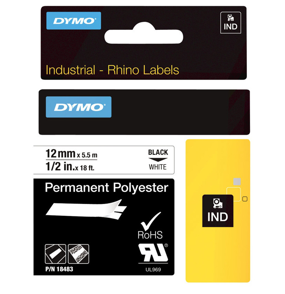 Dymo Ruban polyester 18483 Rhino - 12 mm x  5,5 m - Noir sur Blanc