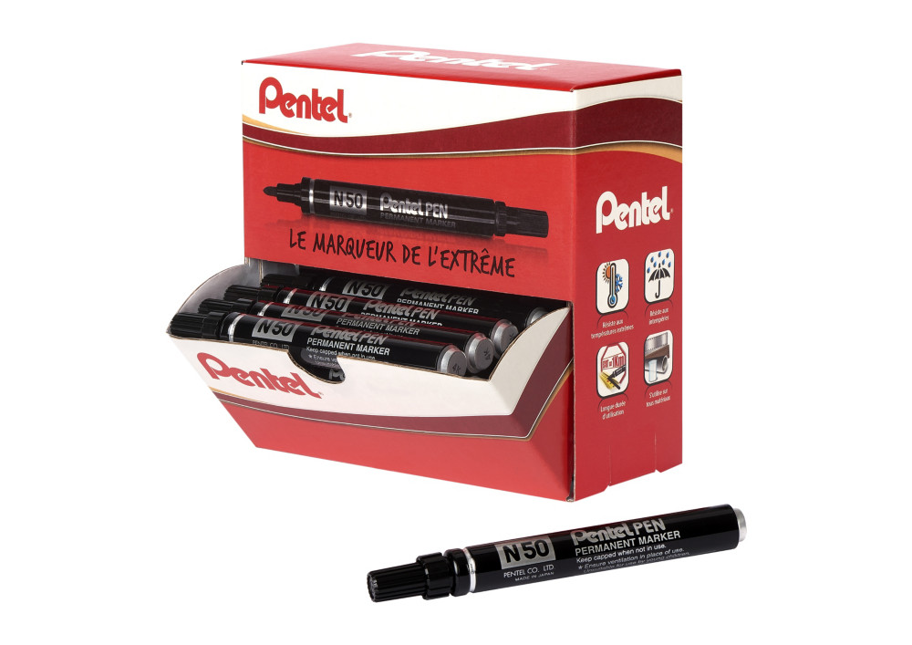 Pentel N50 - Marqueur permanent pointe ogive trait 1,5 mm - Noir - Bote de 36