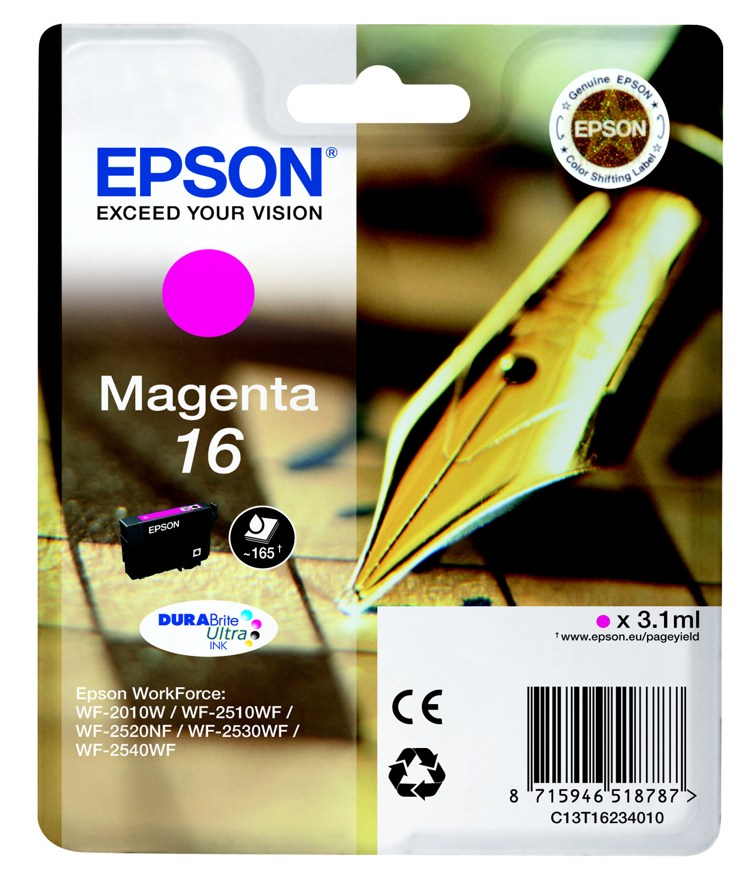 Epson 16 ''Stylo à plume'' Cartouche d'encre originale DURABrite Ultra C13T16234012 - Magenta