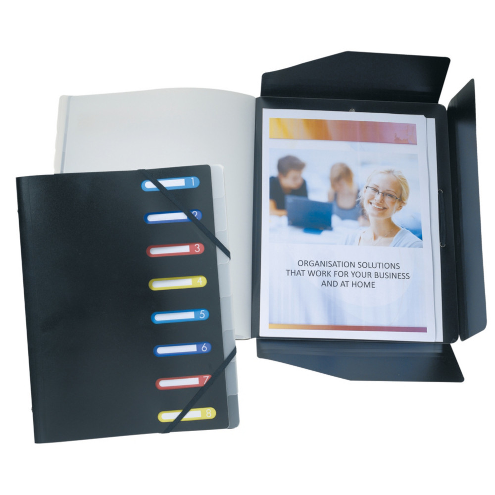 Exacompta Trieur  3rabats et lastiques, A4, 250feuilles, 8compartiments, intercalaires  onglets, fentres prdcoupes, polypropylne, noir