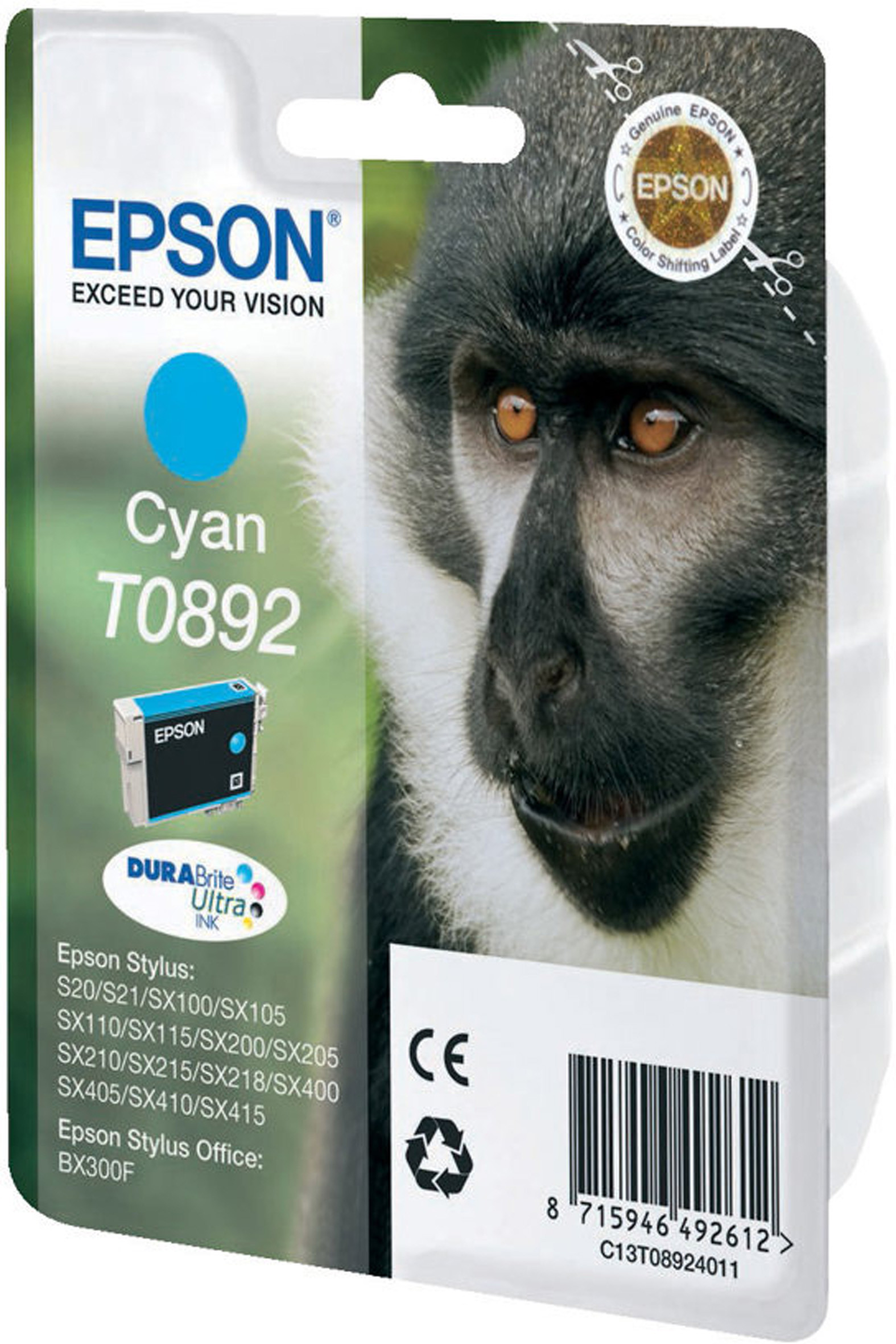 Epson T0892 ''Singe'' Cartouche d'encre originale DURABrite Ultra C13T08924011 - Cyan