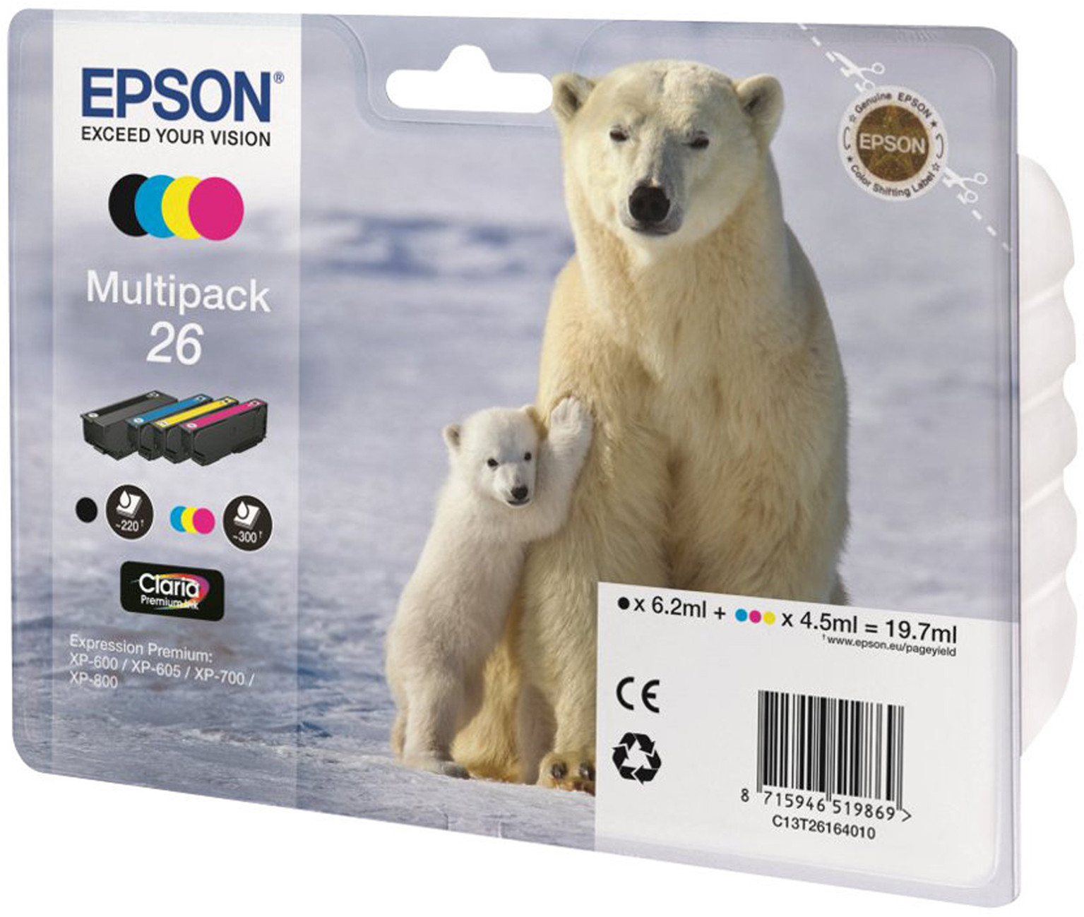 Epson 26 ''Ours Polaire'' Cartouche d'encre originale Claria Premium C13T26164010 - Pack de 4 (Noir, Cyan, Magenta, Jaune)