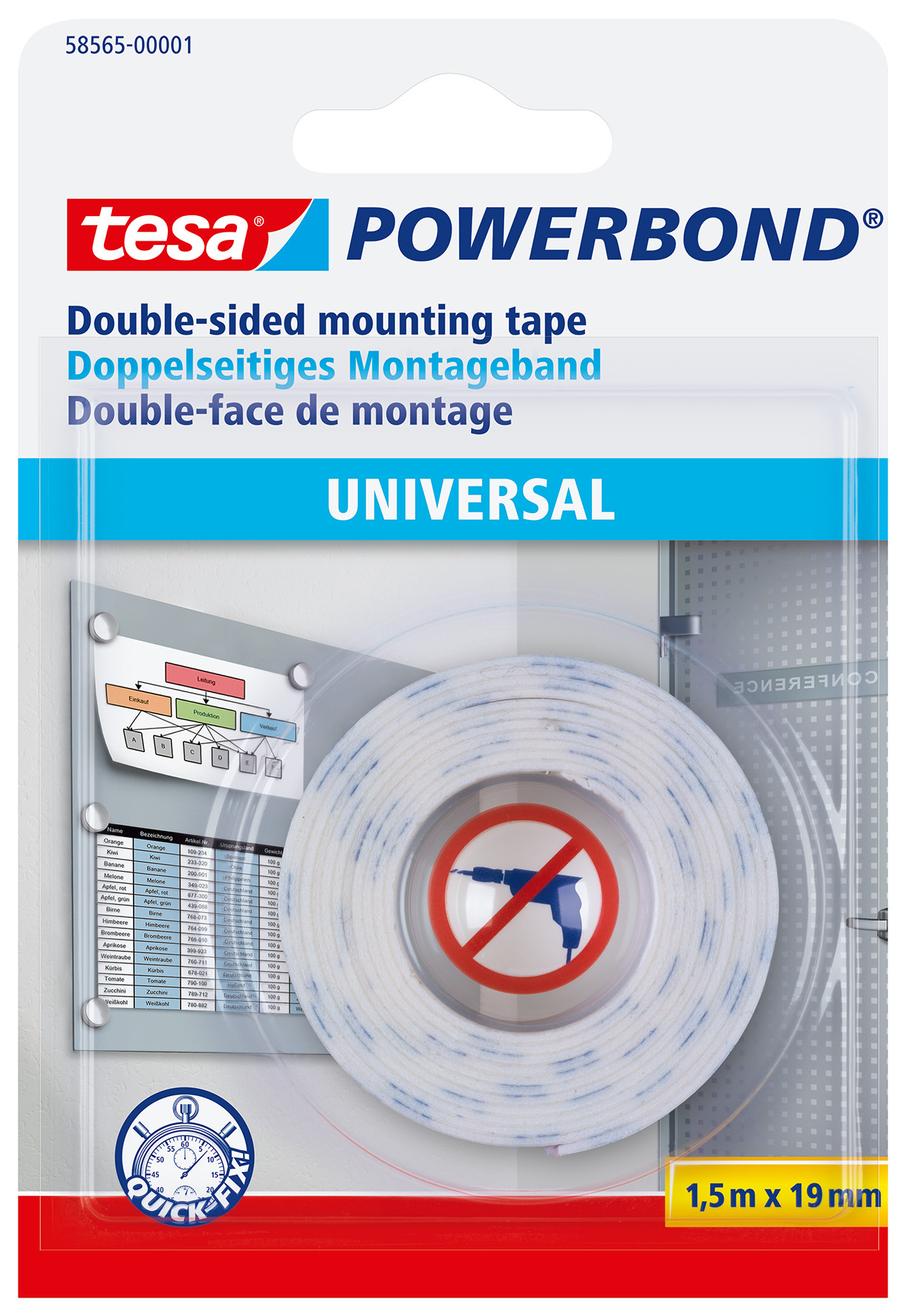 tesa® Rouleau de fixation blanc double face Powerbond® Universal 19 mm x 1,5 m 58565