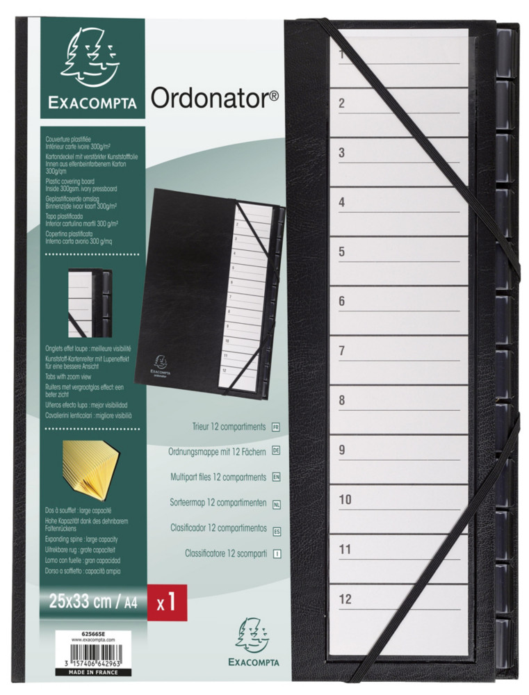 Exacompta Trieur Ordonator  lastiques - cavaliers plastiques numrots 12 divisions - Noir