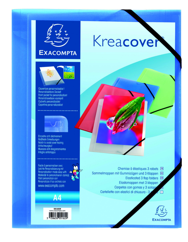Exacompta Chemise Kreacover  3rabats et  fermeture lastique, formatA4, 200feuilles, couverture personnalisable, polypropylne, bleu transparent