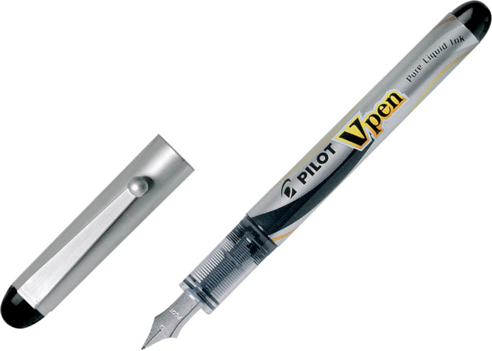 Pilot Stylo-plume, V Pen, pointe moyenne, corps en plastique noir et argent, encre noire