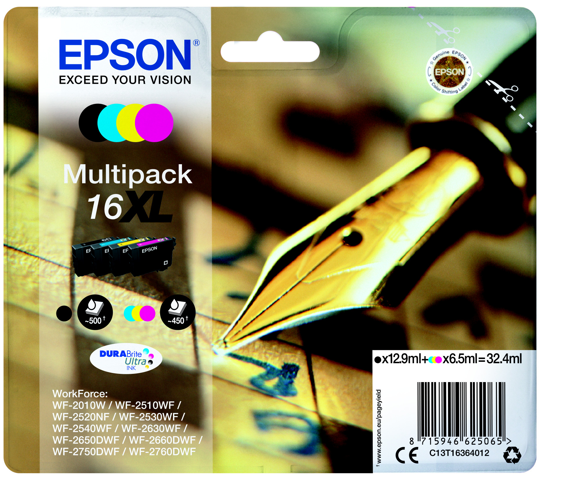 Epson 16 XL ''Stylo à plume'' Cartouche d'encre originale grande capacité DURABrite Ultra - Pack de 4 (Noir, Cyan, Magenta, Jaune)