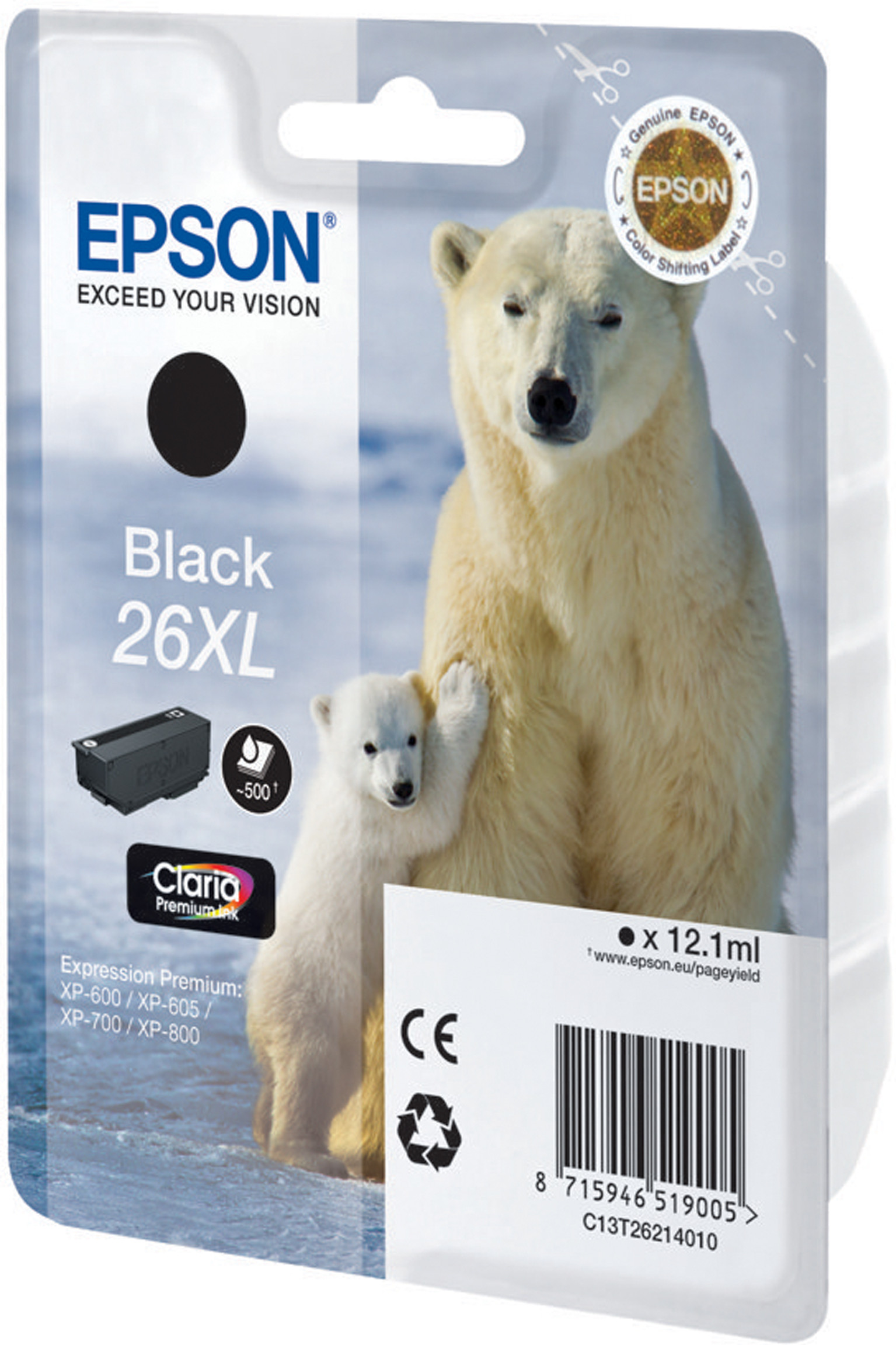 Epson 26 XL ''Ours Polaire'' Cartouche d'encre originale grande capacité Claria Premium C13T26314012 - Noir Photo