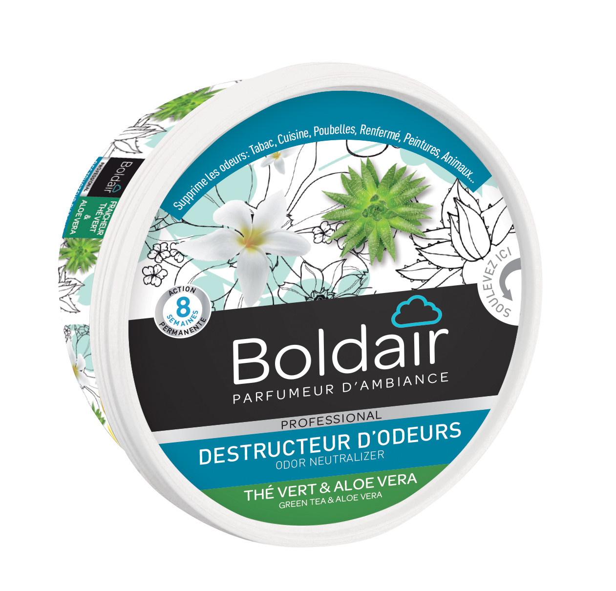 Boldair Destructeur d'odeurs gel, parfum Thé vert et Aloé Vera - pot 300 g