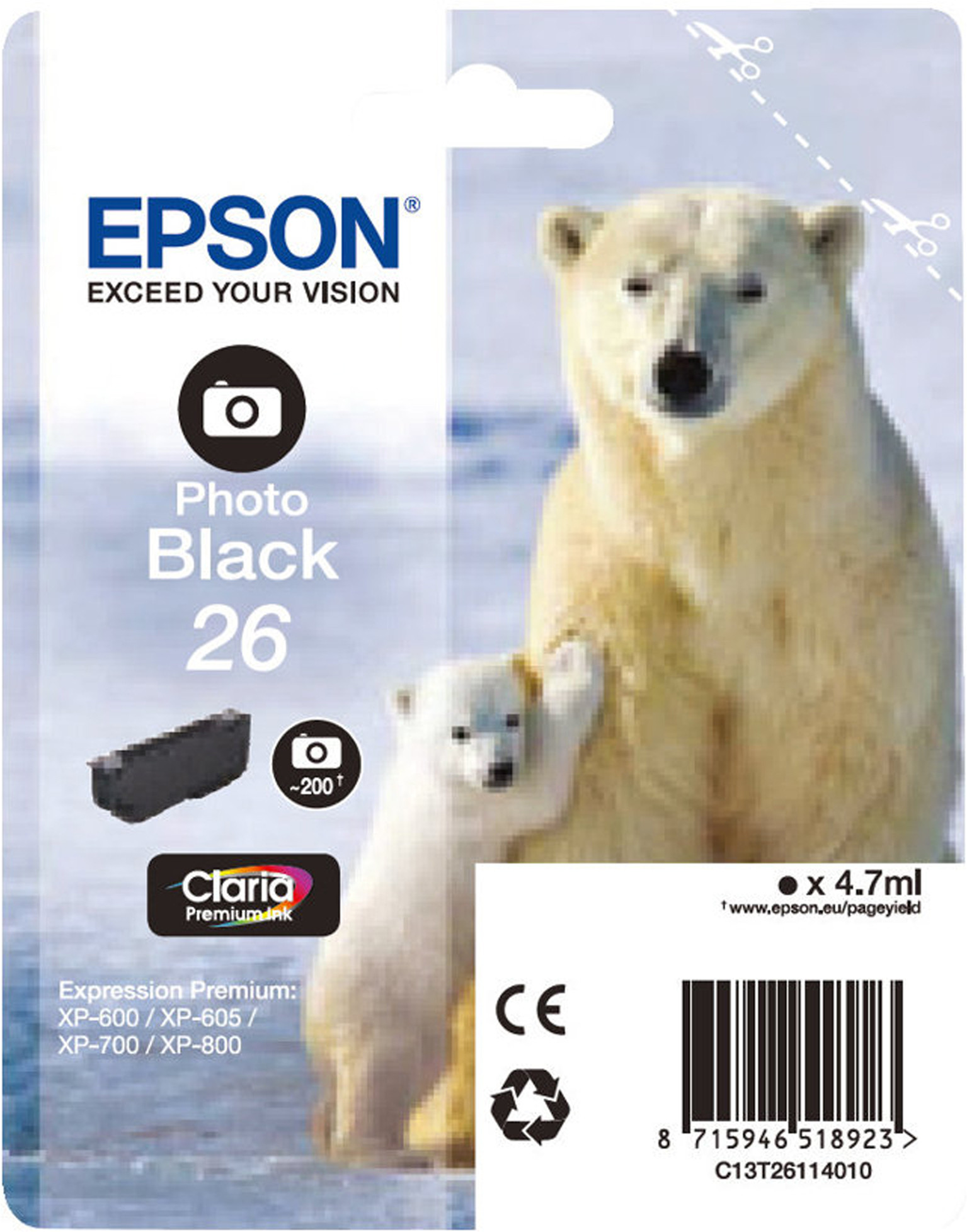 Epson 26 ''Ours Polaire'' Cartouche d'encre originale Claria Premium C13T26114012 - Noir Photo
