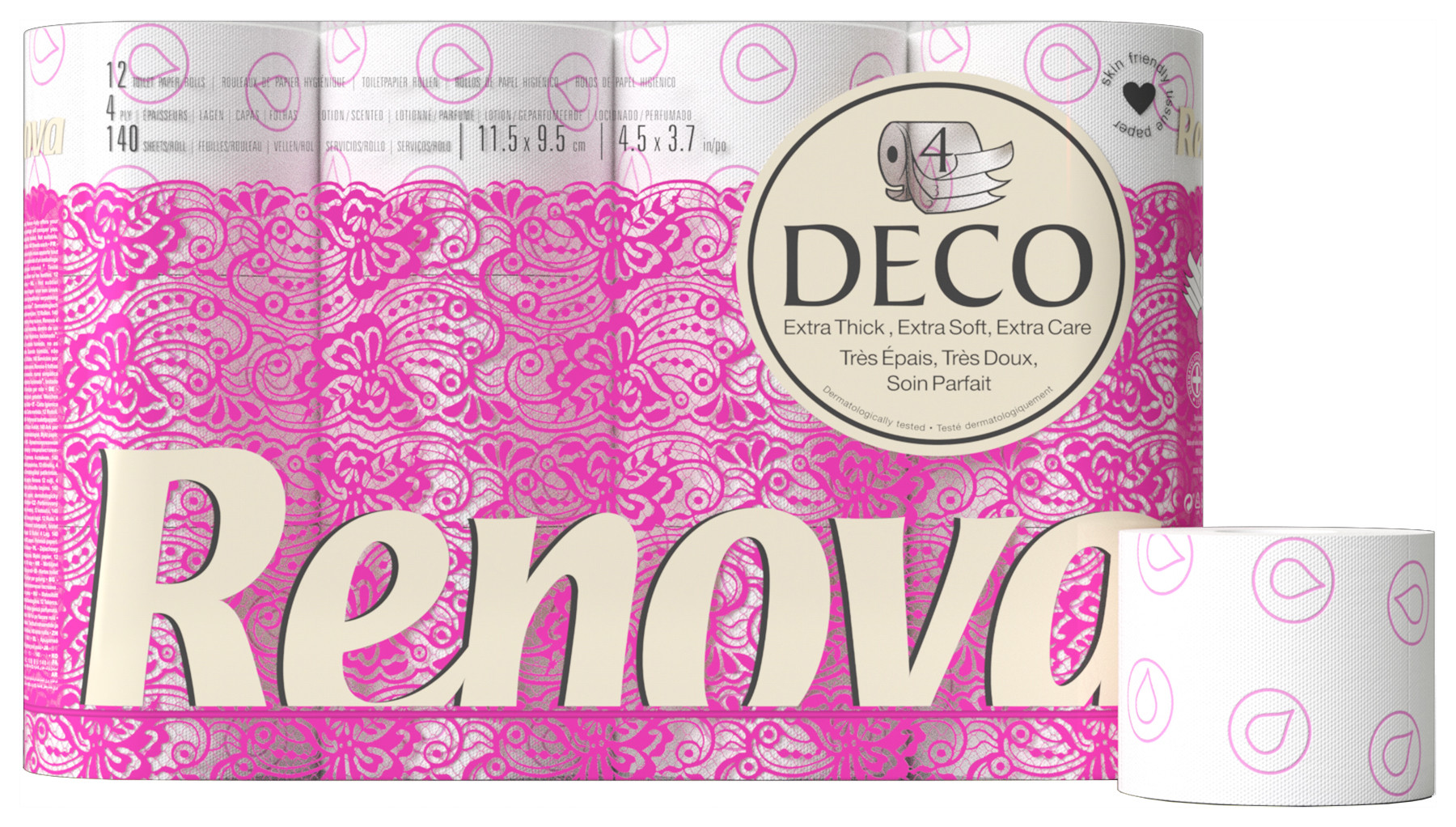 Renova Papier toilette Déco 4 épaisseurs 140 feuilles Carton de 12 rouleaux