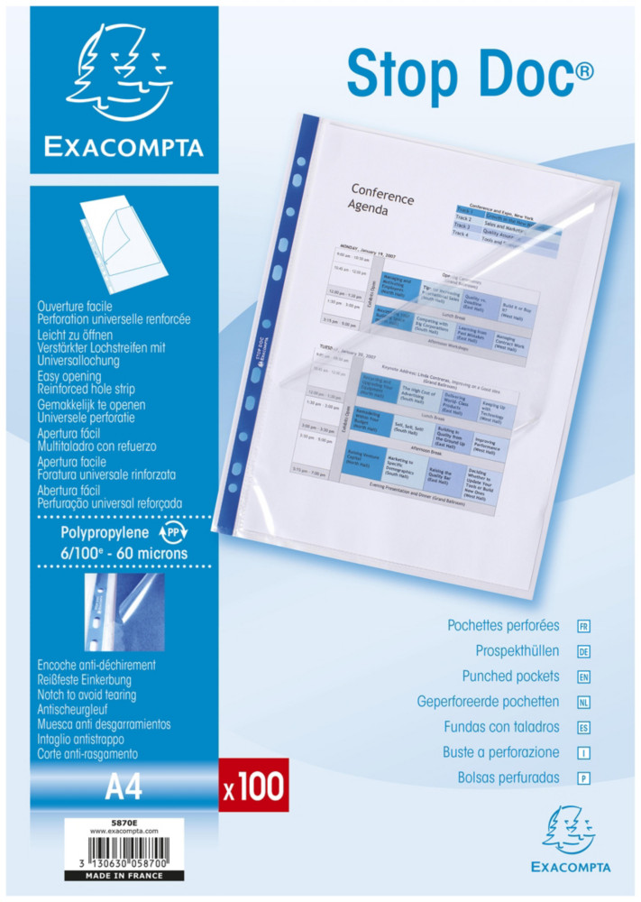 Exacompta Stop Doc Pochettes perfores transparentes A4  ouverture en coin polypropylne 6/100e 11 trous - Lot de 100