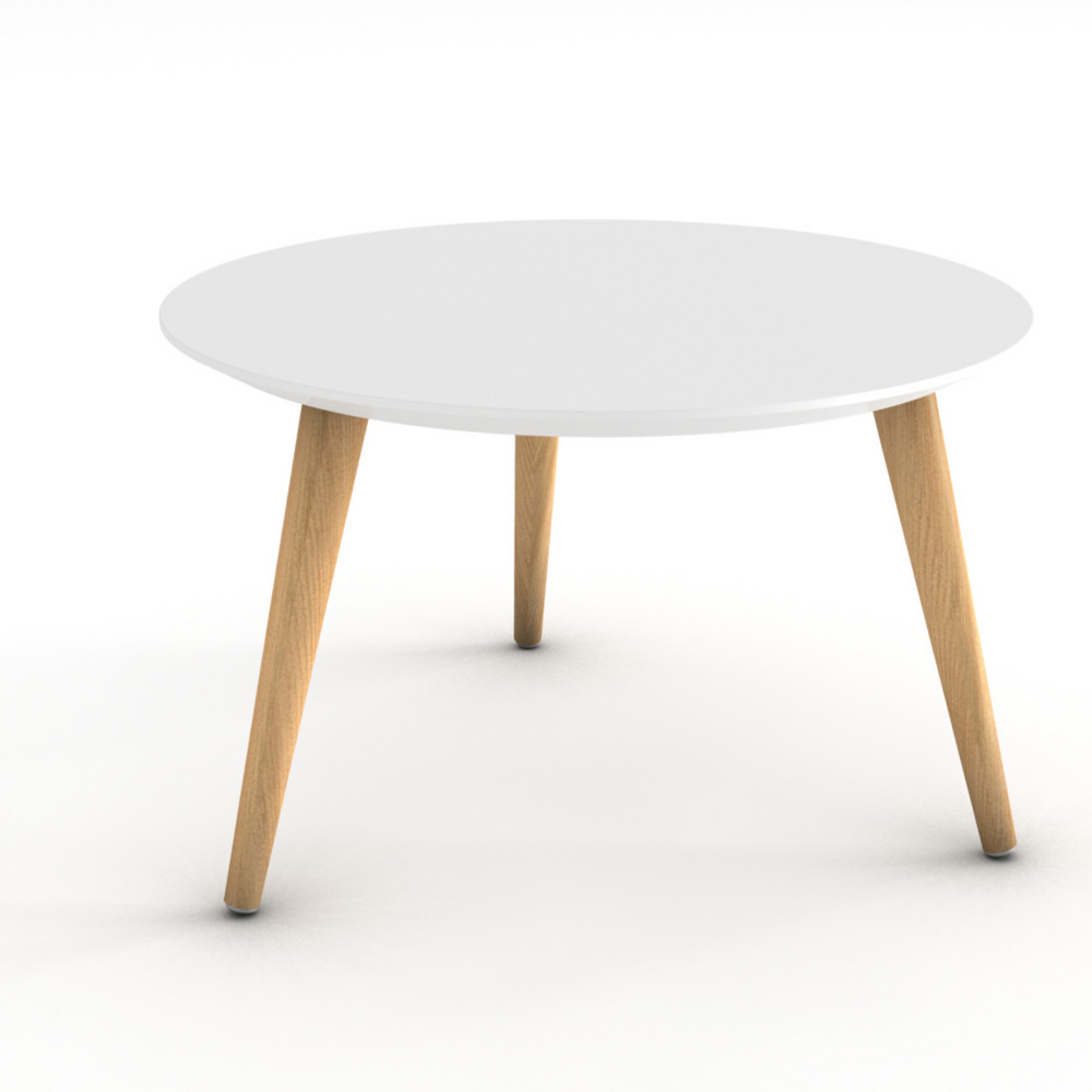 Table basse Marit, plateau rond laqu blanc, 3 pieds bois naturel