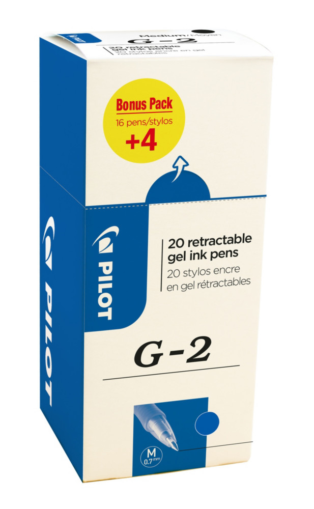 Pilot G2 Stylo roller encre gel rtractable pointe moyenne 0,7 mm bleu (Pack Promo 16 + 4 OFFERTS)