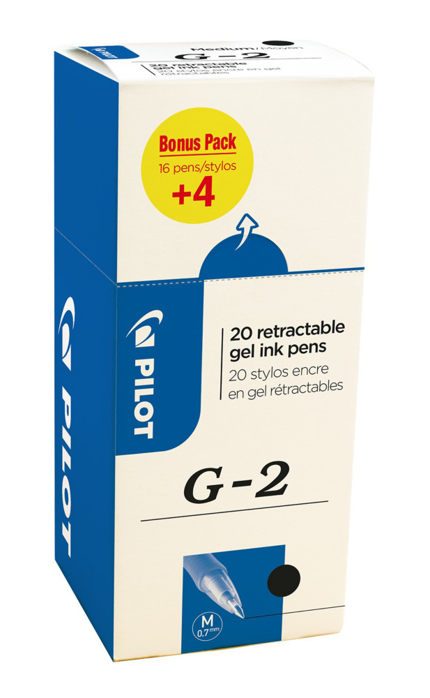 Pilot G2 Stylo roller encre gel rtractable pointe moyenne 0,7 mm noir (Pack Promo 16 + 4 OFFERTS)