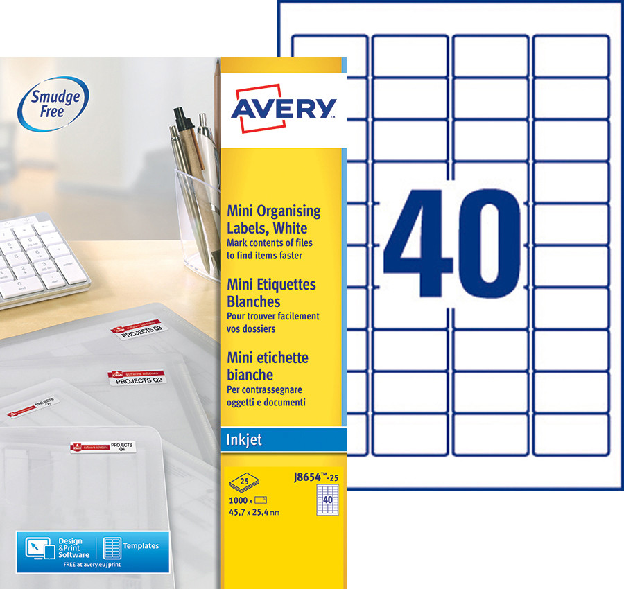 Avery J8654 Mini tiquettes blanches multi-usages jet d'encre 45,7x25,4 mm - Bote de 1000