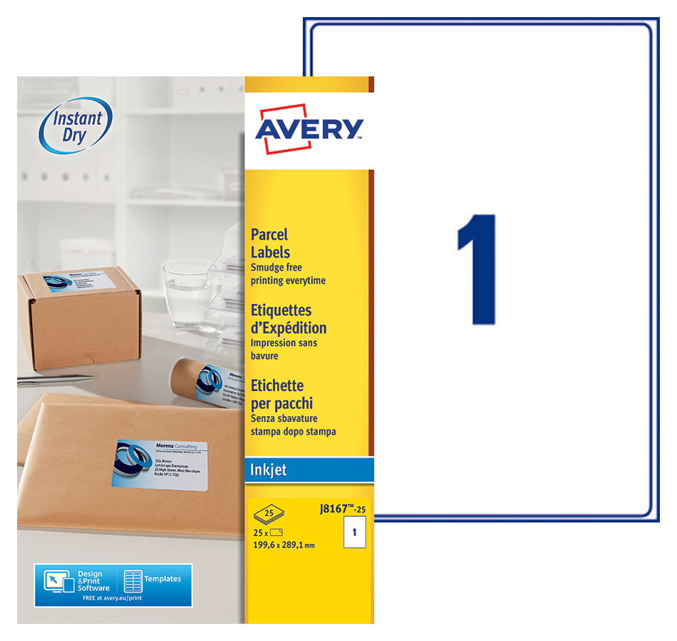 Avery J8167 Etiquettes d'expdition blanches jet d'encre 199,6x289,1mm - Bote de 25