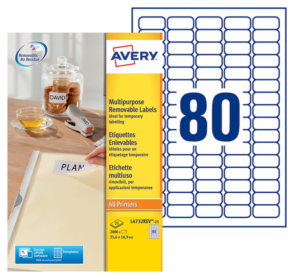 Avery L4732REV Etiquettes enlevables blanches 35,6x16,9mm - Bote de 2000