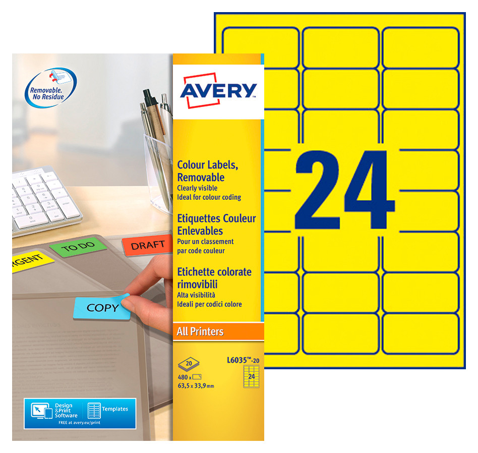 Avery L6035 Etiquettes classement couleur enlevables 63,5 x 33,9 mm - Jaune - Bote de 480