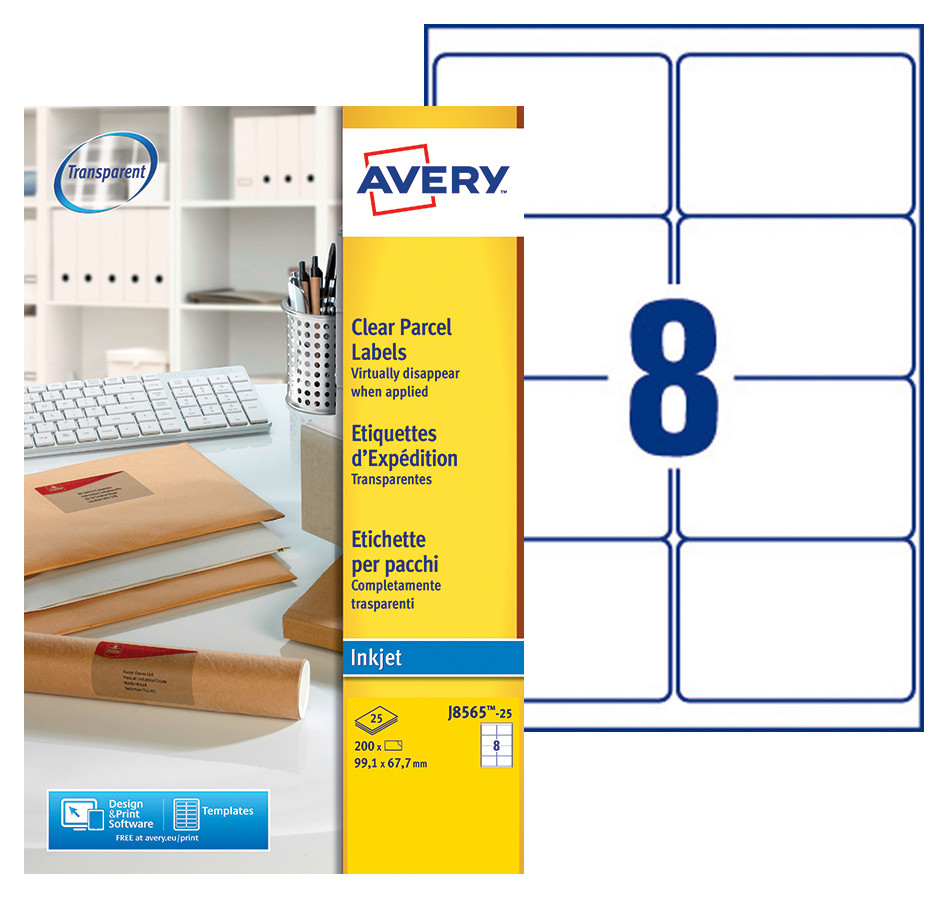 Avery J8565 Etiquettes d'expdition transparentes jet d'encre 99,1 x 67,7 mm - Bote de 200