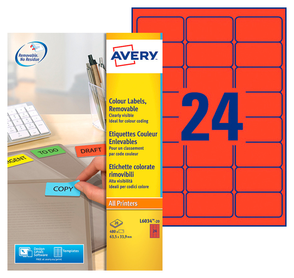 Avery L6034 Etiquettes classement couleur enlevables 63,5 x 33,9 mm - Rouge - Boîte de 480