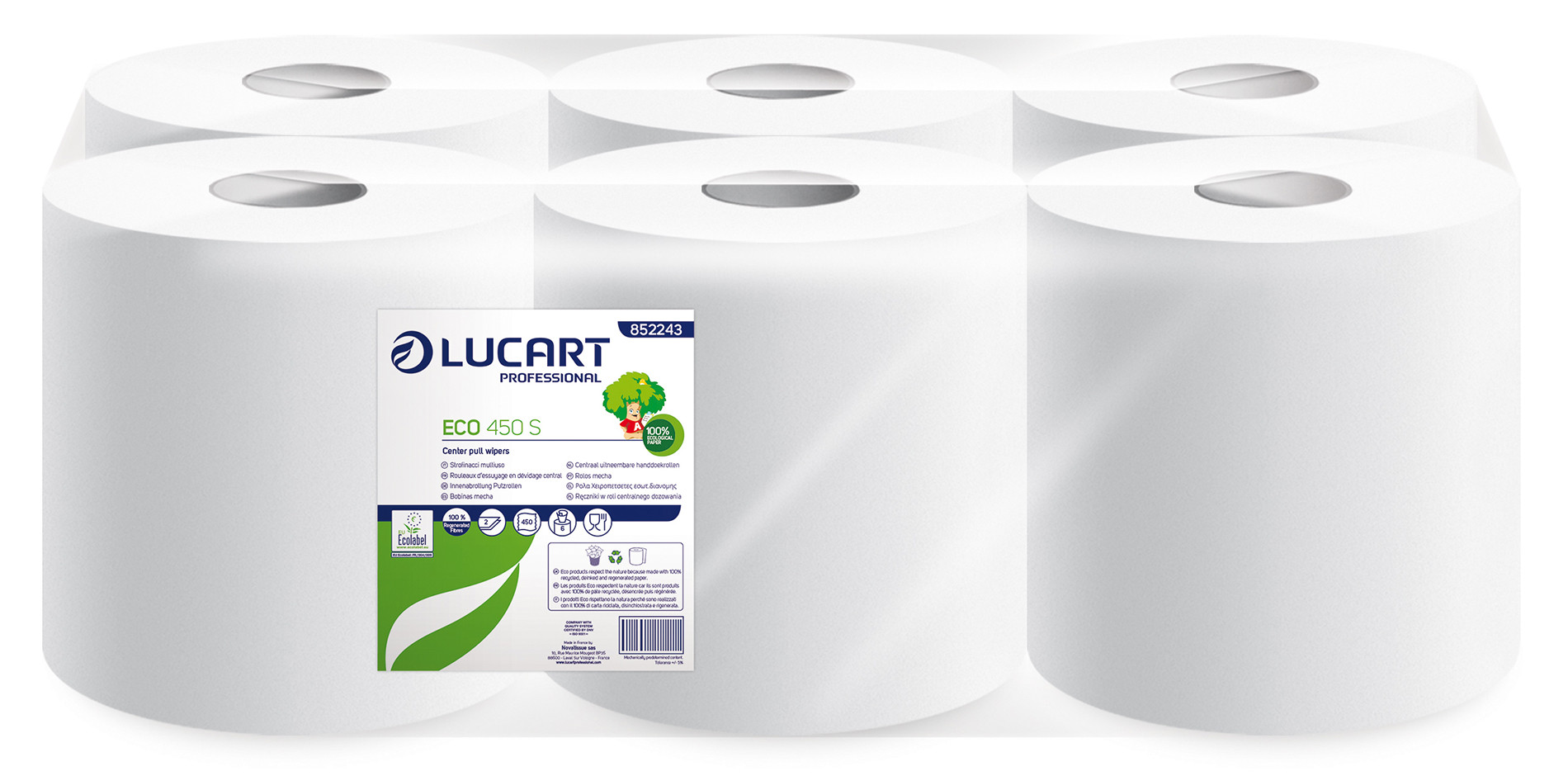 Lucart Essuie-mains pour la cuisine 450S double épaisseur gaufré - 450 feuilles - 852243 - Blanc - Lot de 6 rouleaux