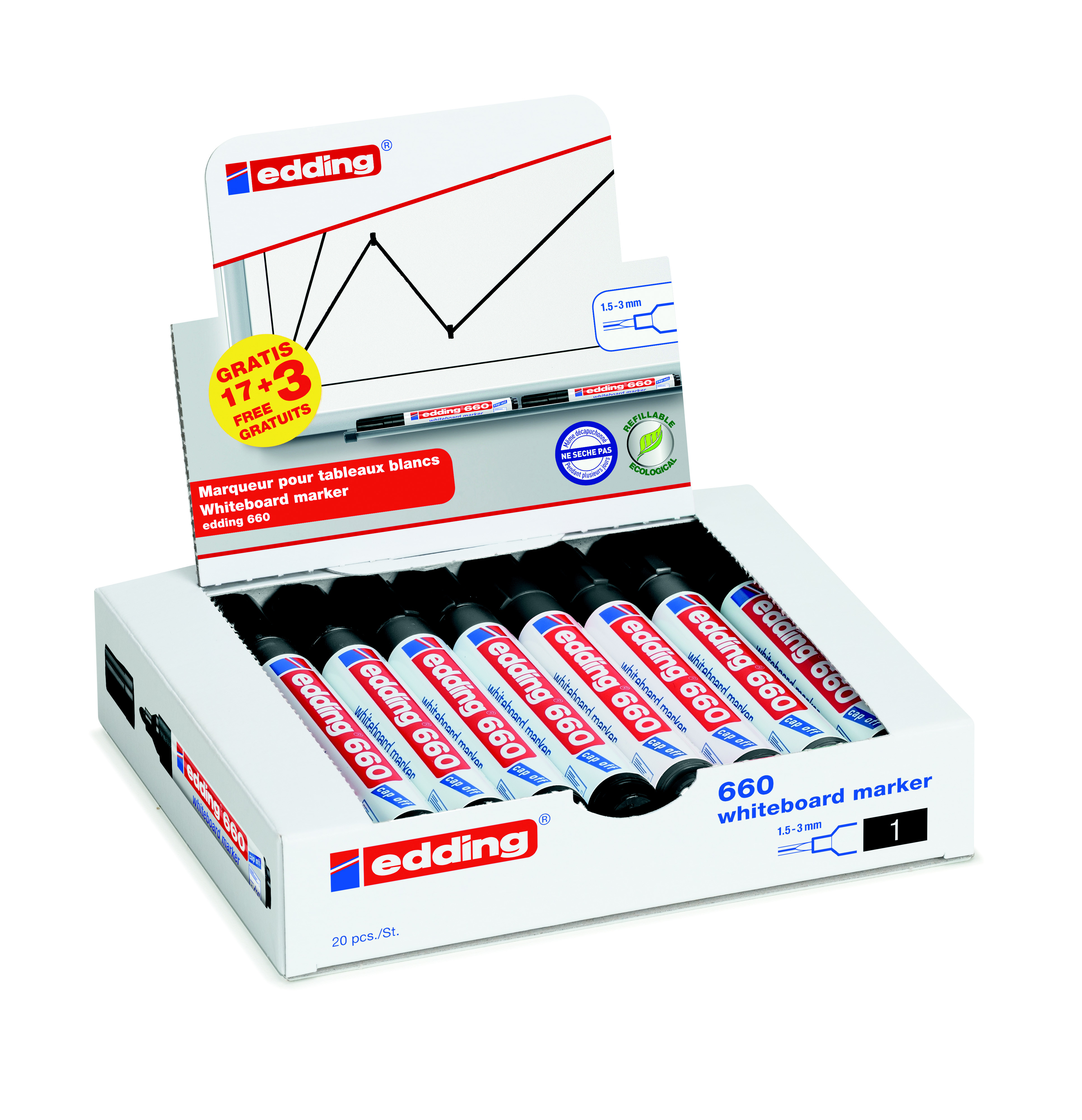 edding 660 Marqueur effaçable tableau blanc pointe ogive 1,5 - 3 mm noir (Pack Promo 17 + 3 OFFERTS)
