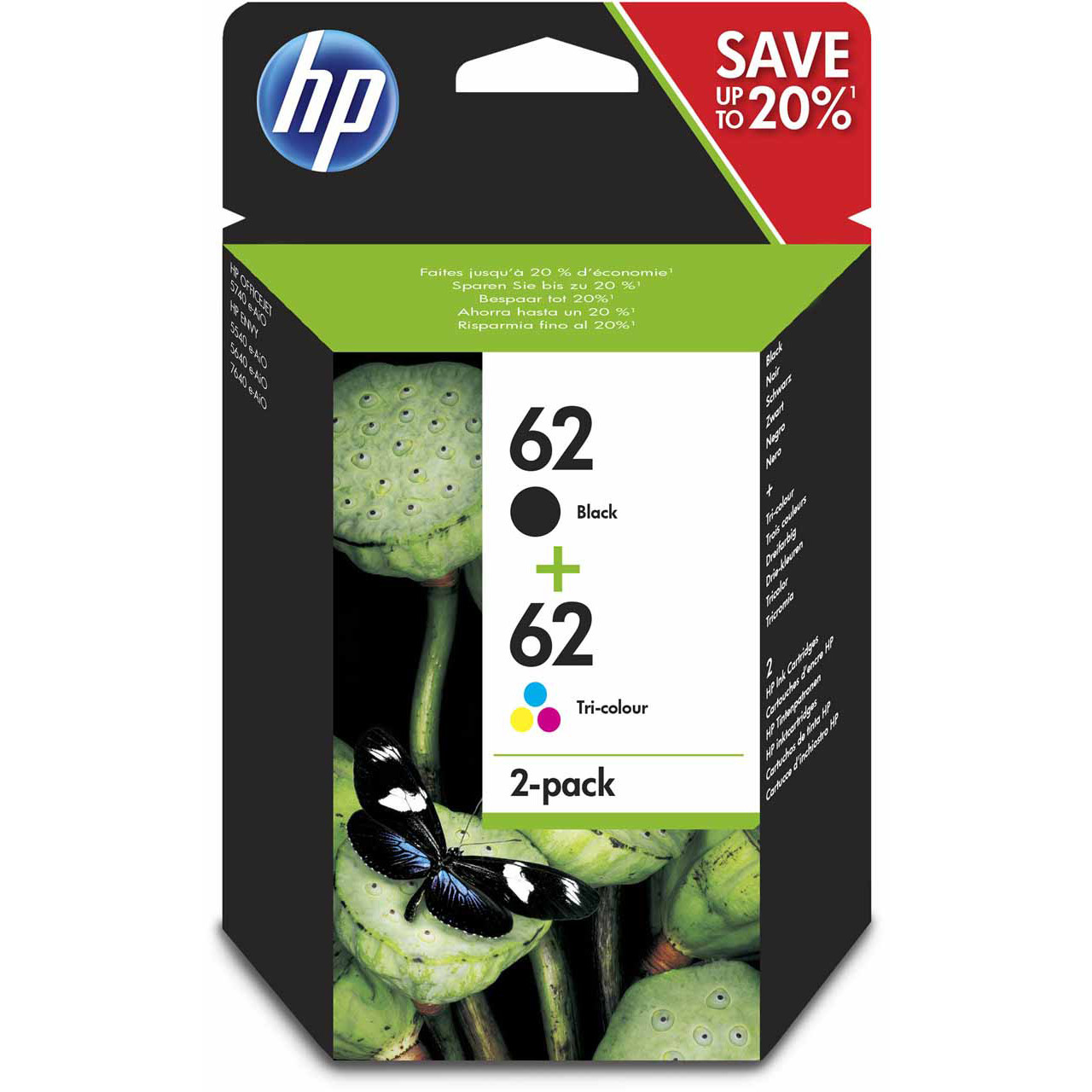 HP 62 Cartouche d'encre authentique J3M80AE - Pack de 2 (Noir + Couleur)
