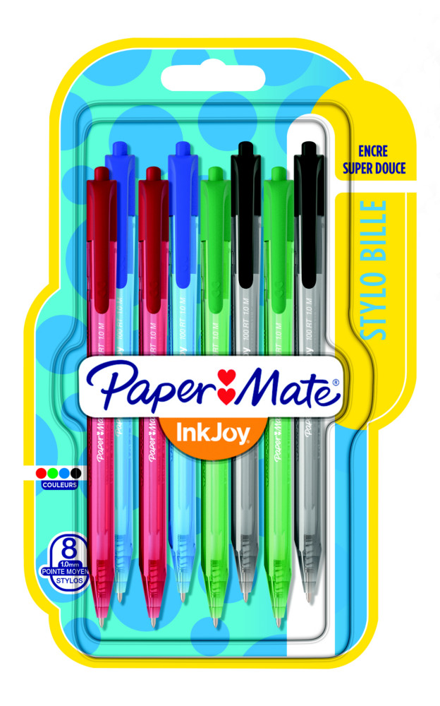 Paper Mate InkJoy 100 RT Stylo bille rtractable pointe moyenne 1 mm noir - Pochette 8 couleurs