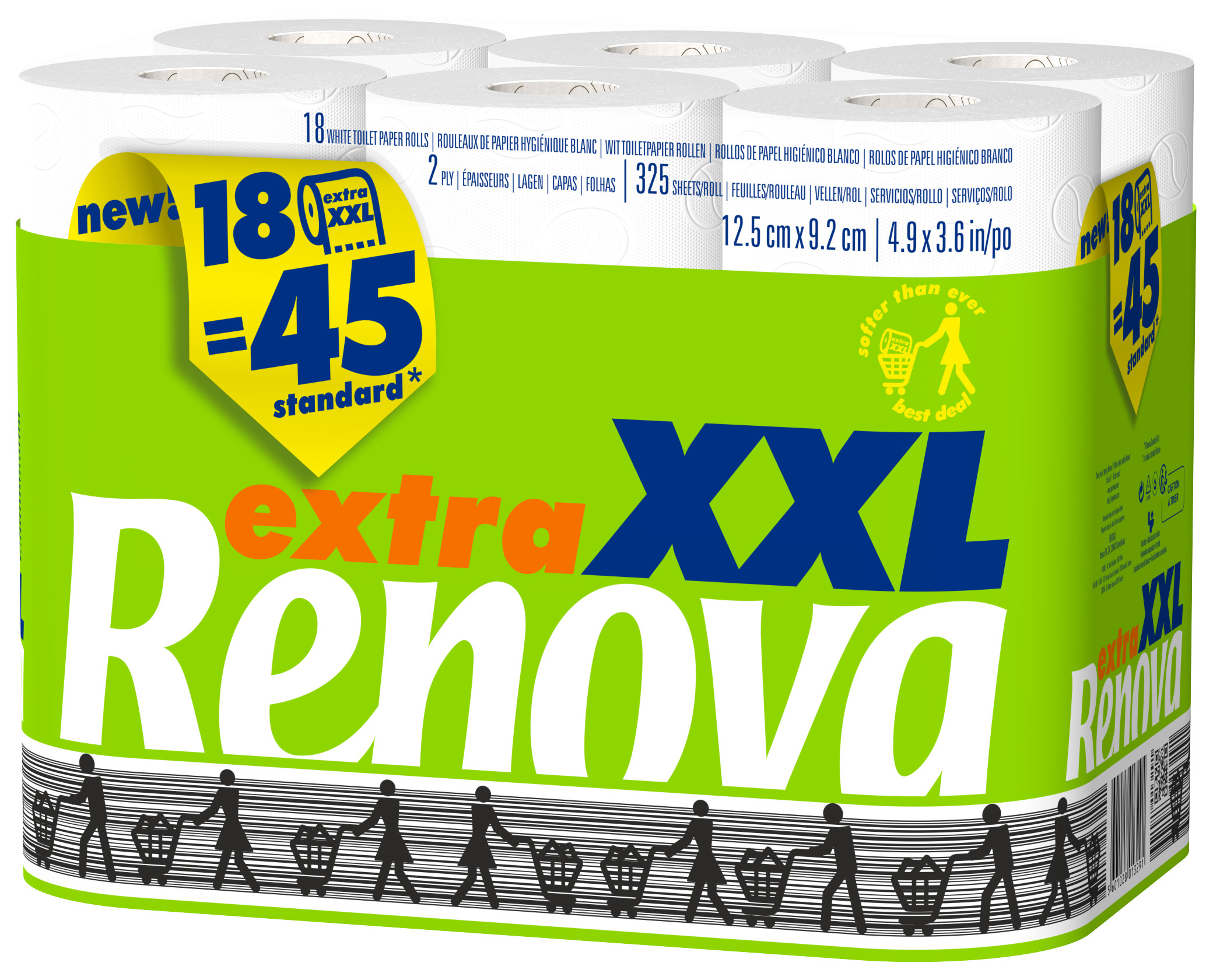 Renova Papier toilette Extra XXL double épaisseur - Maxi rouleau compact de 325 feuilles - Blanc - Carton de 18 rouleaux
